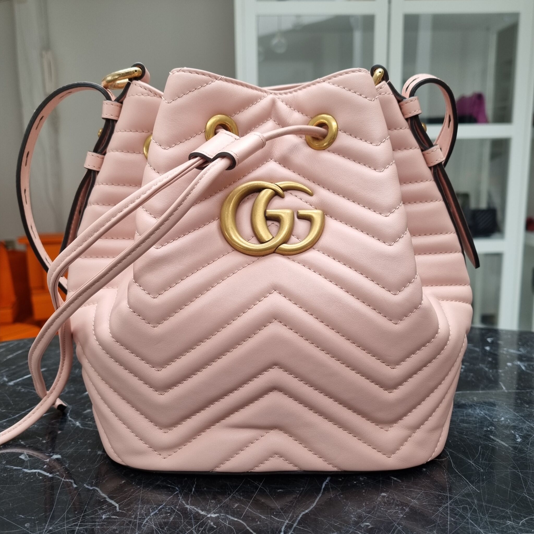 Gucci Marmont Bucket Bag, Calfskin, Blush Pink - Laulay Luxury