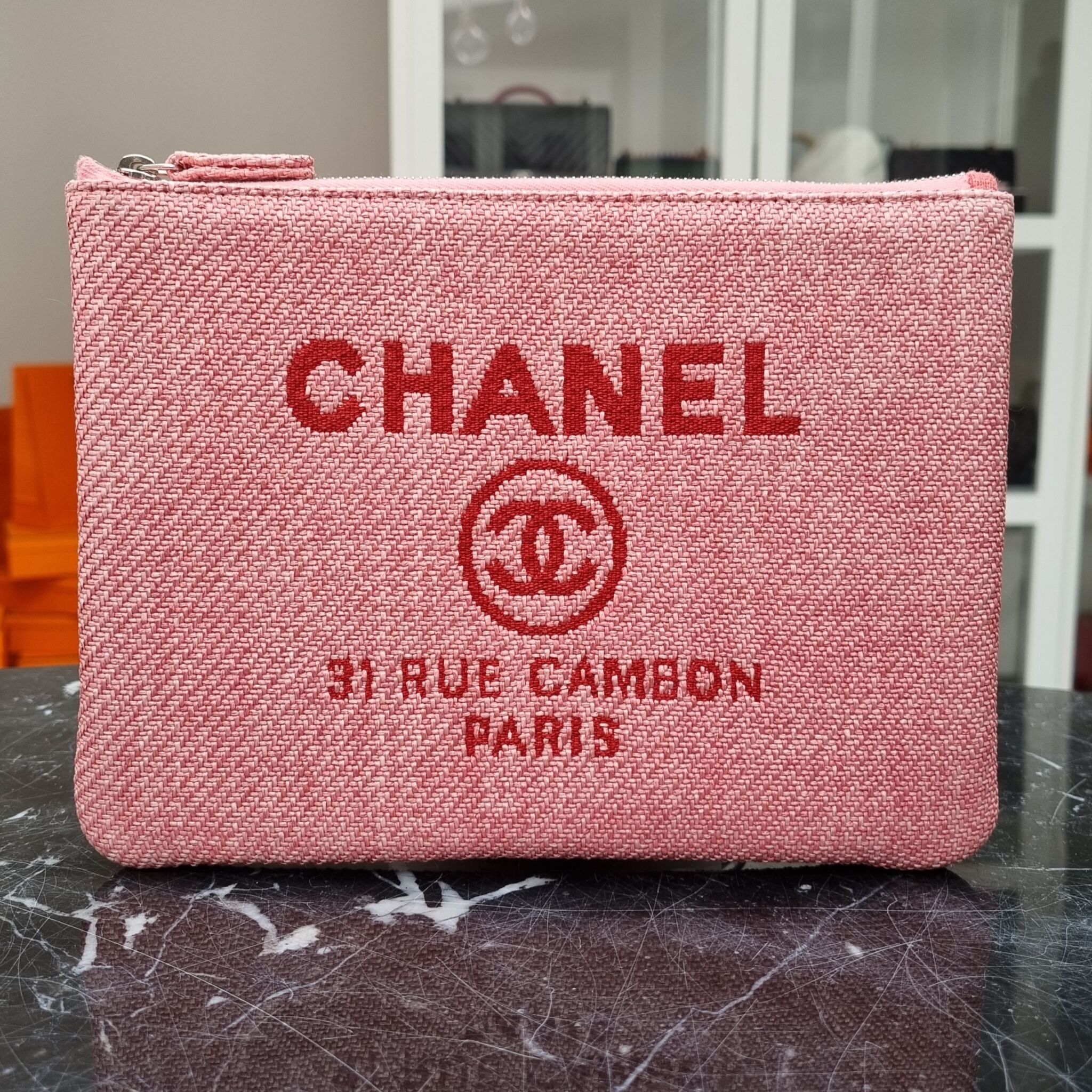 CHANEL, Bags, Chanel Pink Raffia Large Deauville Pouch