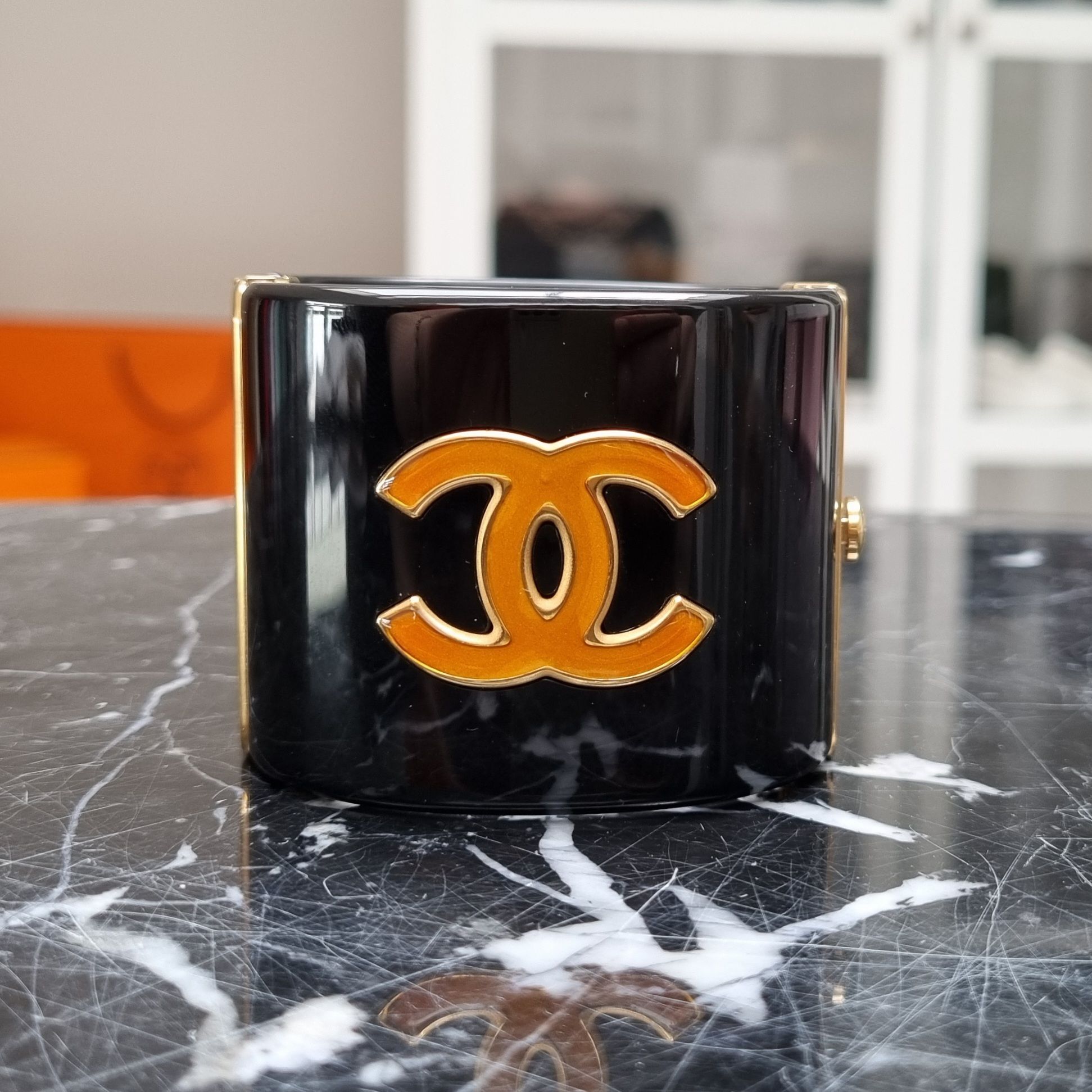 Chanel CC Cuff, Resin, Black/Gold - Laulay Luxury