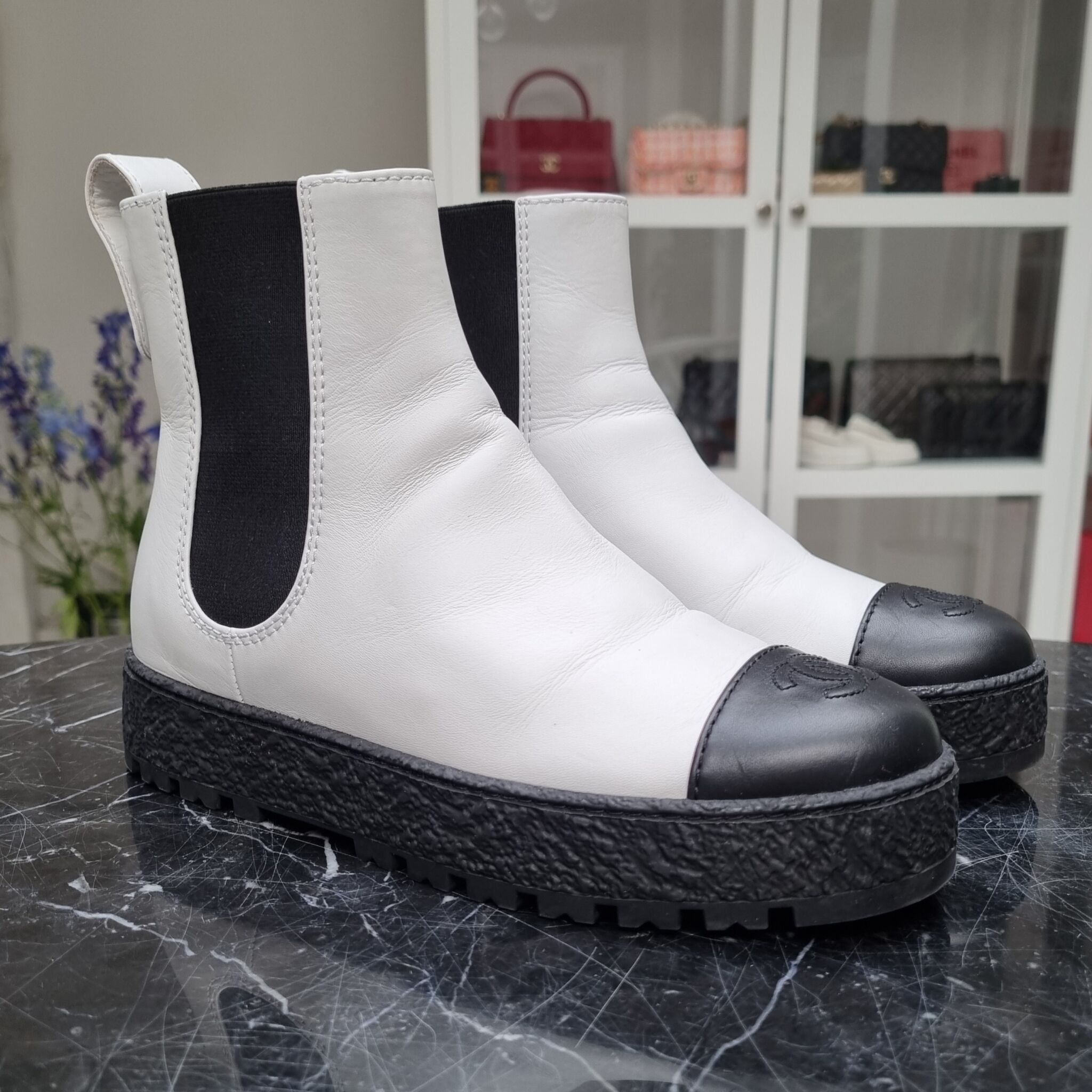 Chanel Boots, Black/White, 37.5 - Laulay Luxury