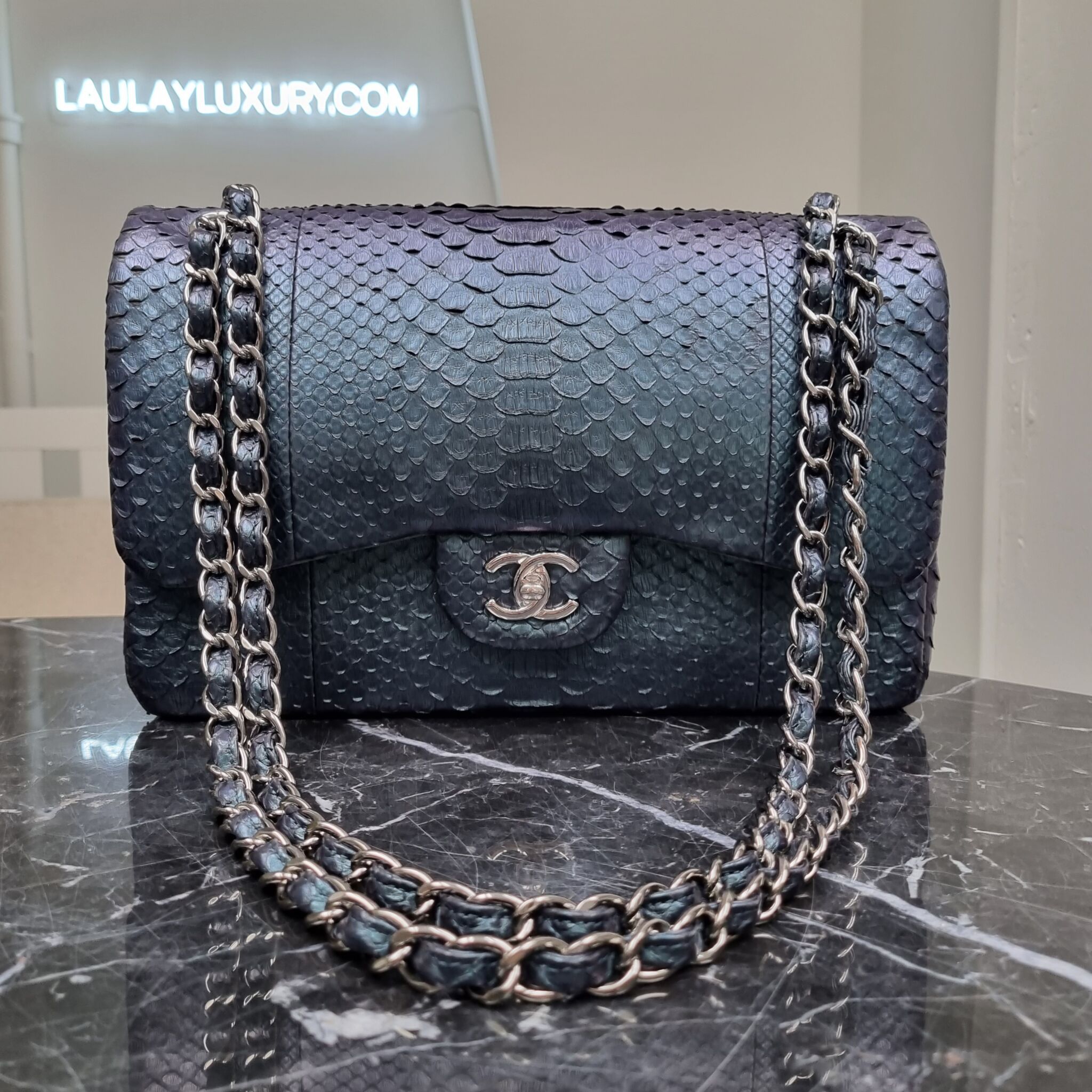 Chanel Jumbo Double Flap, Python, Metallic Blue - Laulay Luxury