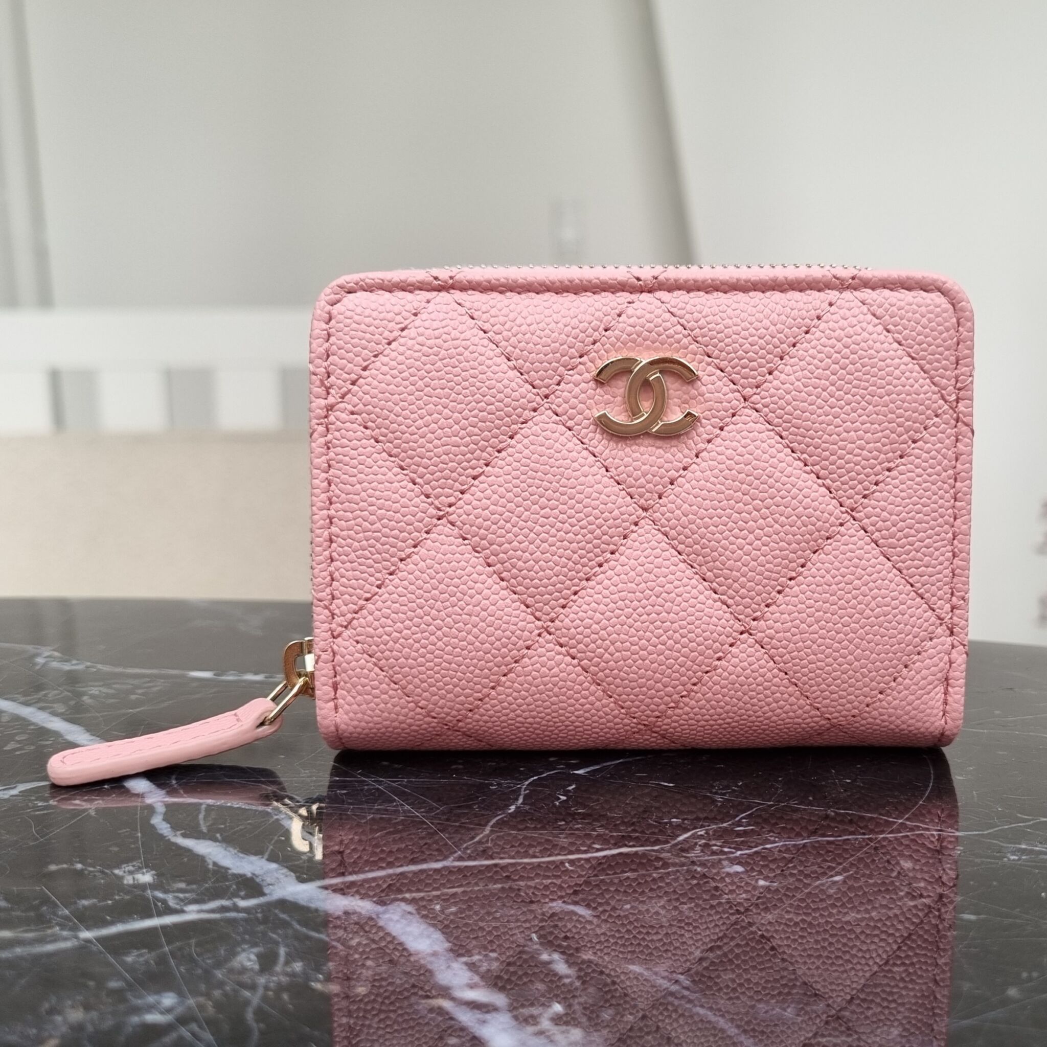 22P Small Compact Wallet, Caviar, Pink GHW - Laulay Luxury
