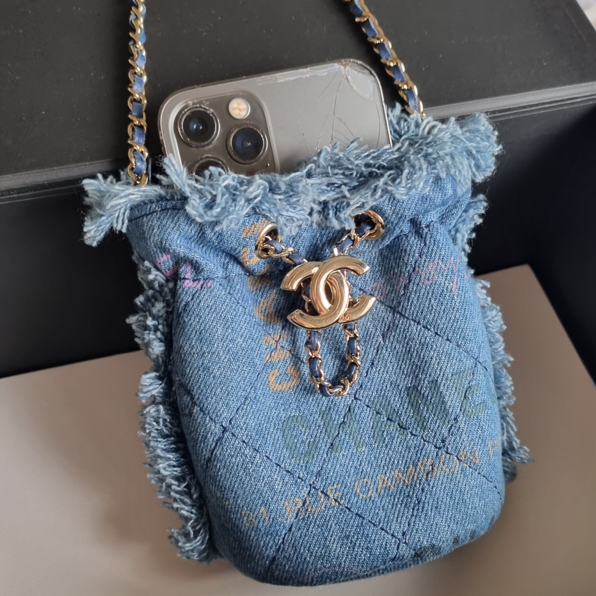 Chanel 22P Mini Denim Bucket Bag, Blue GHW - Laulay Luxury