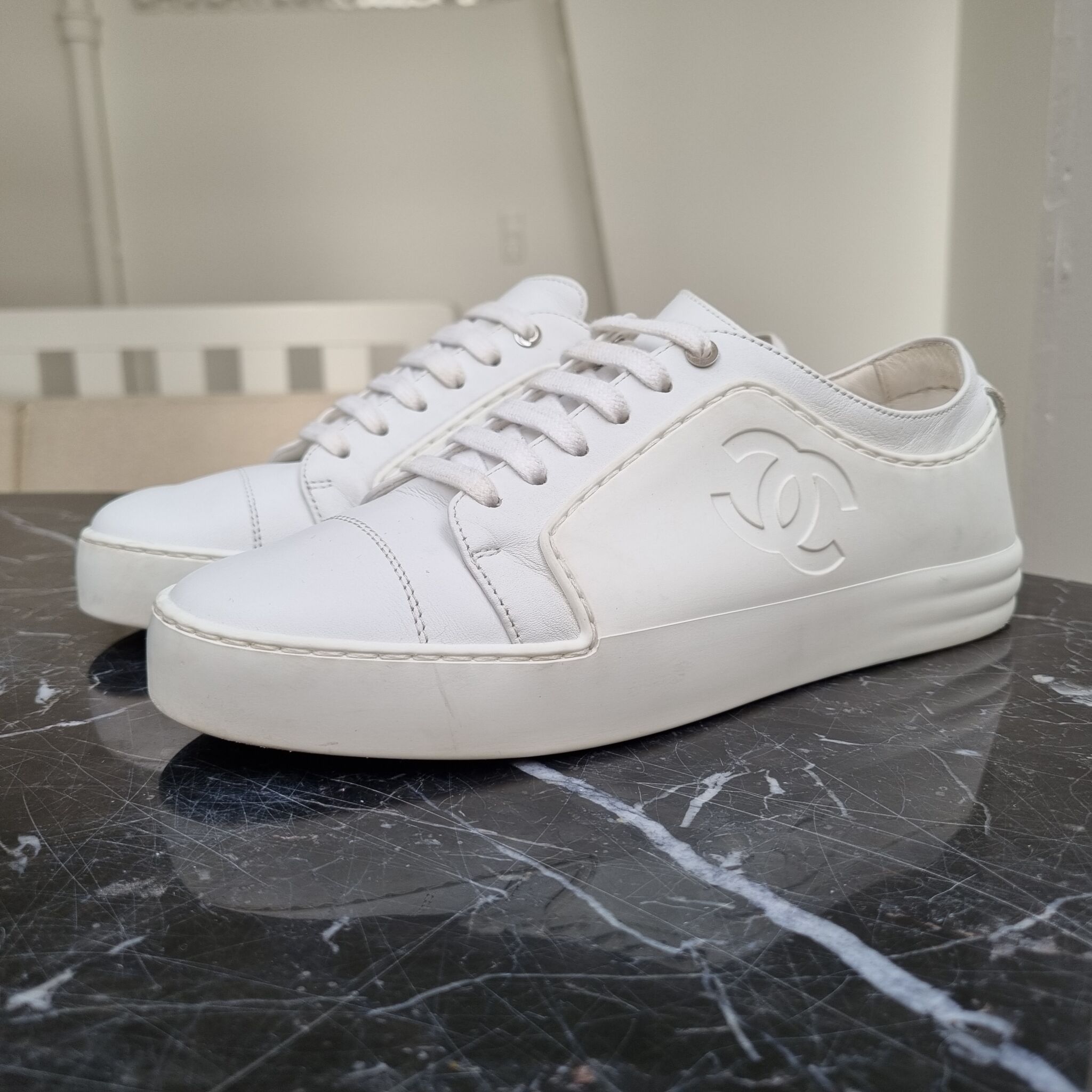 Chanel Low Top Trainer Reflective White Suede  G34360 Y53536 0I259  US