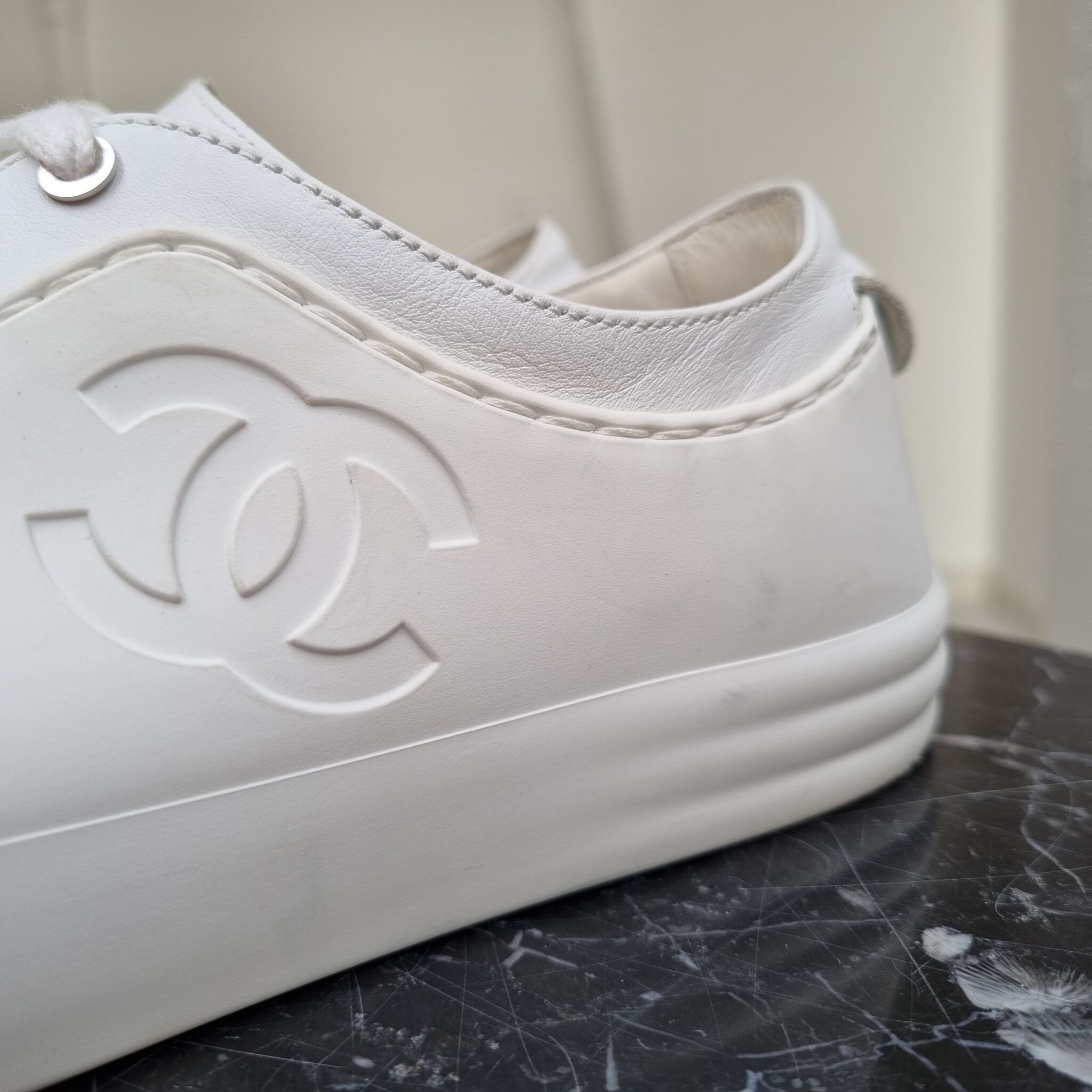 Chanel Sneakers White Leather w Black Leather CC To Cap 38  8 New w   Mightychic