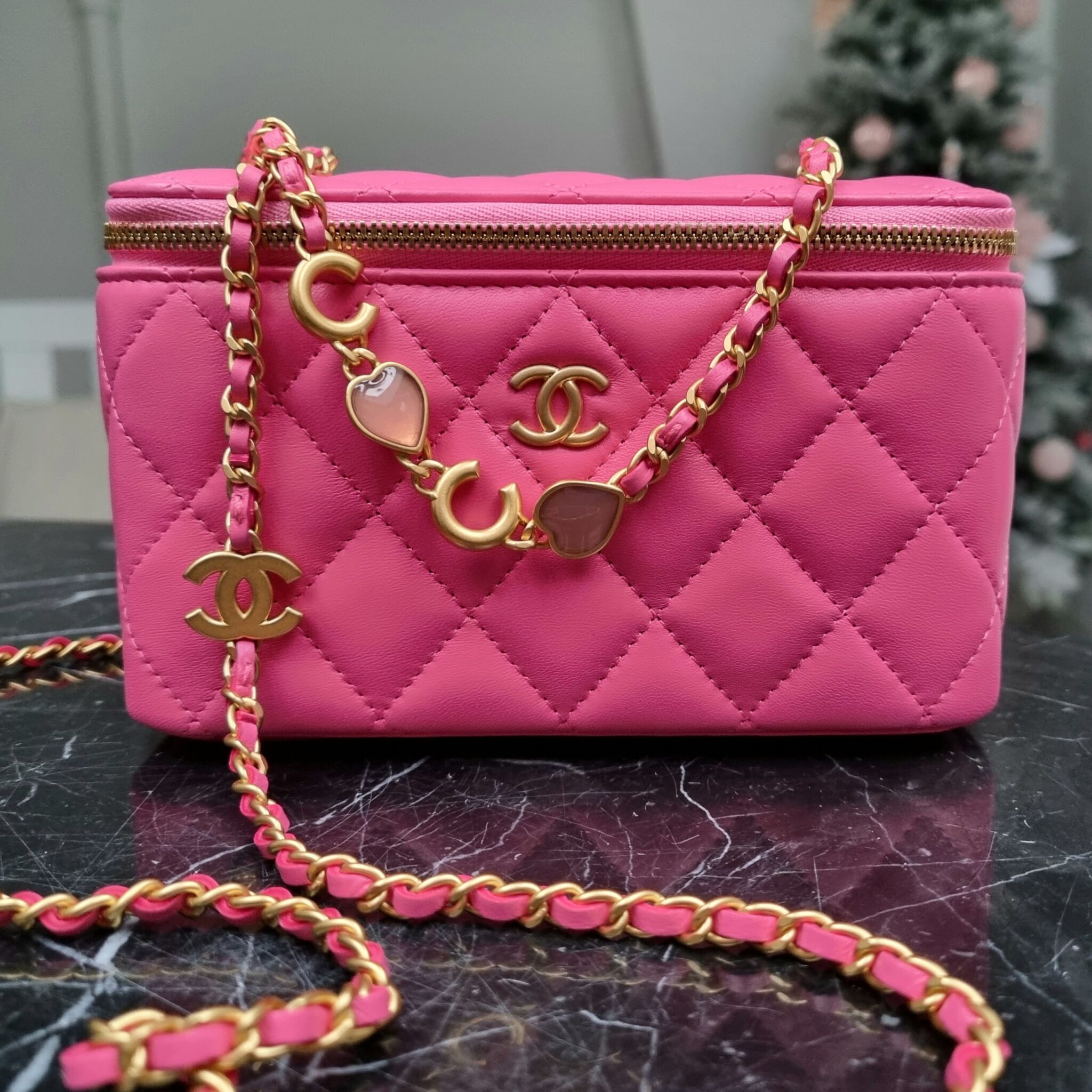 Chanel Coco Heart Charm Vanity Bag, Lambskin, Pink - Laulay Luxury