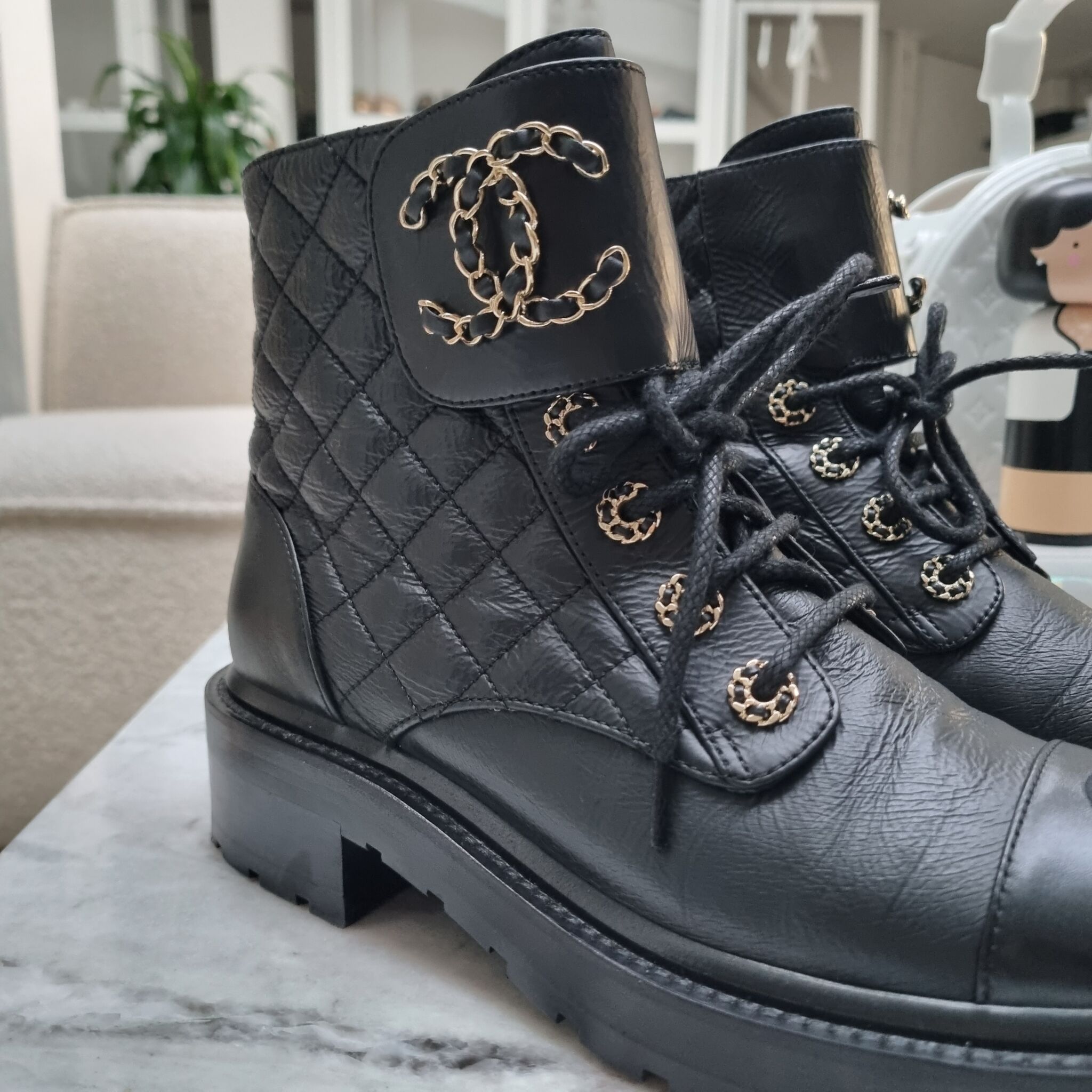 Chanel Combat Boots, Black, 37.5 - Laulay Luxury