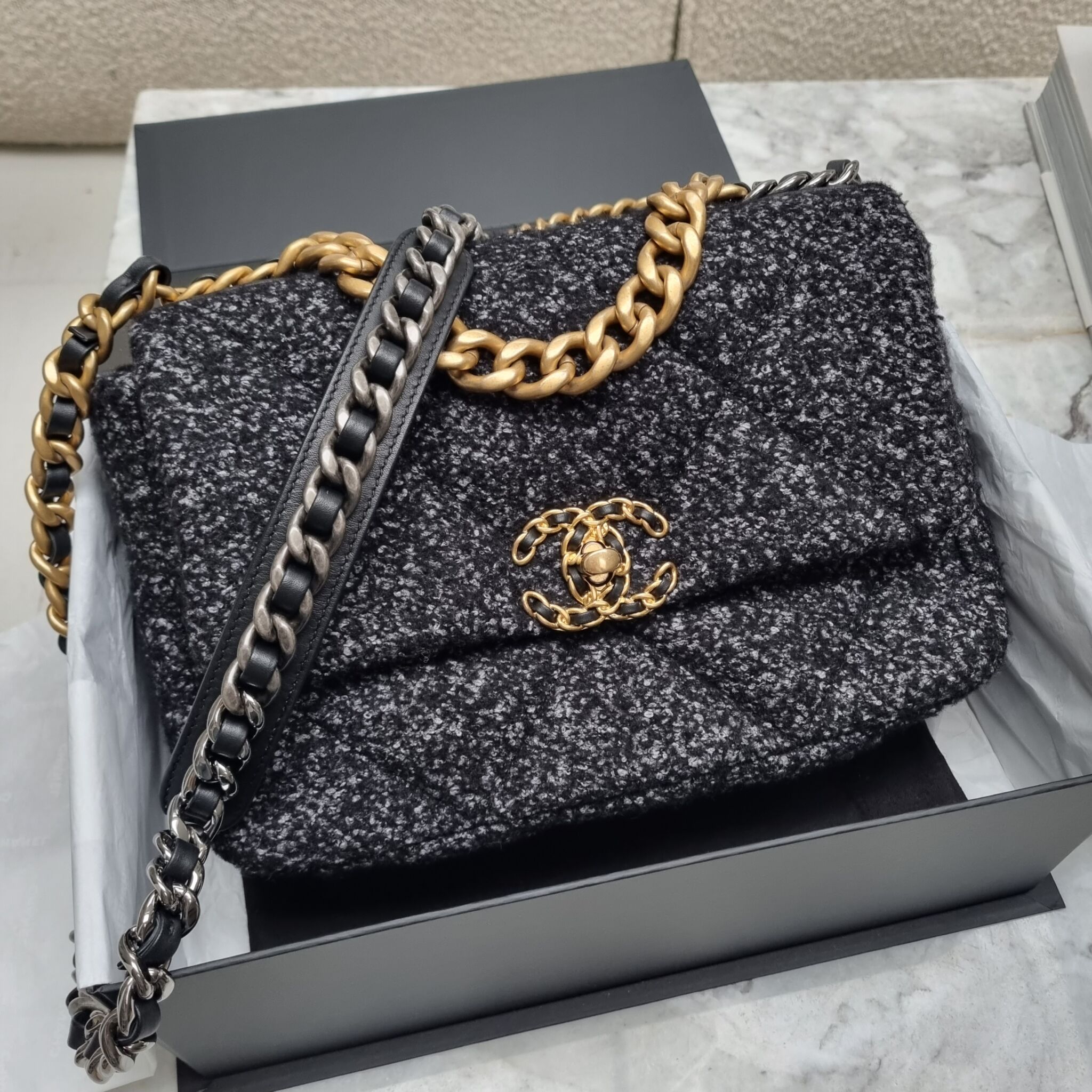 Chanel Small 19, Tweed, Oreo Sort GHW - Laulay Luxury
