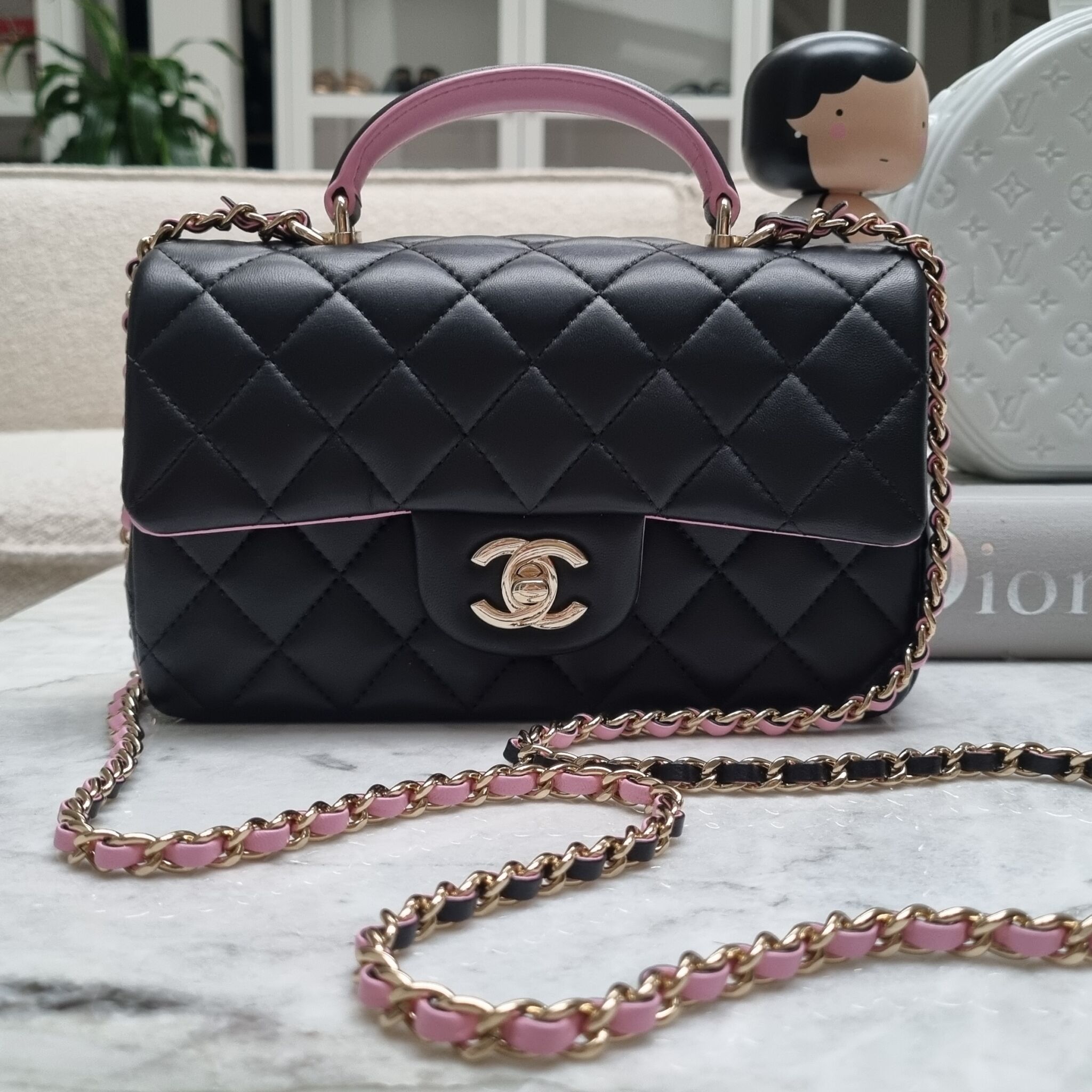 Chanel 23P Mini Top Handle, Lambskin, Black/Pink LGHW - Laulay Luxury
