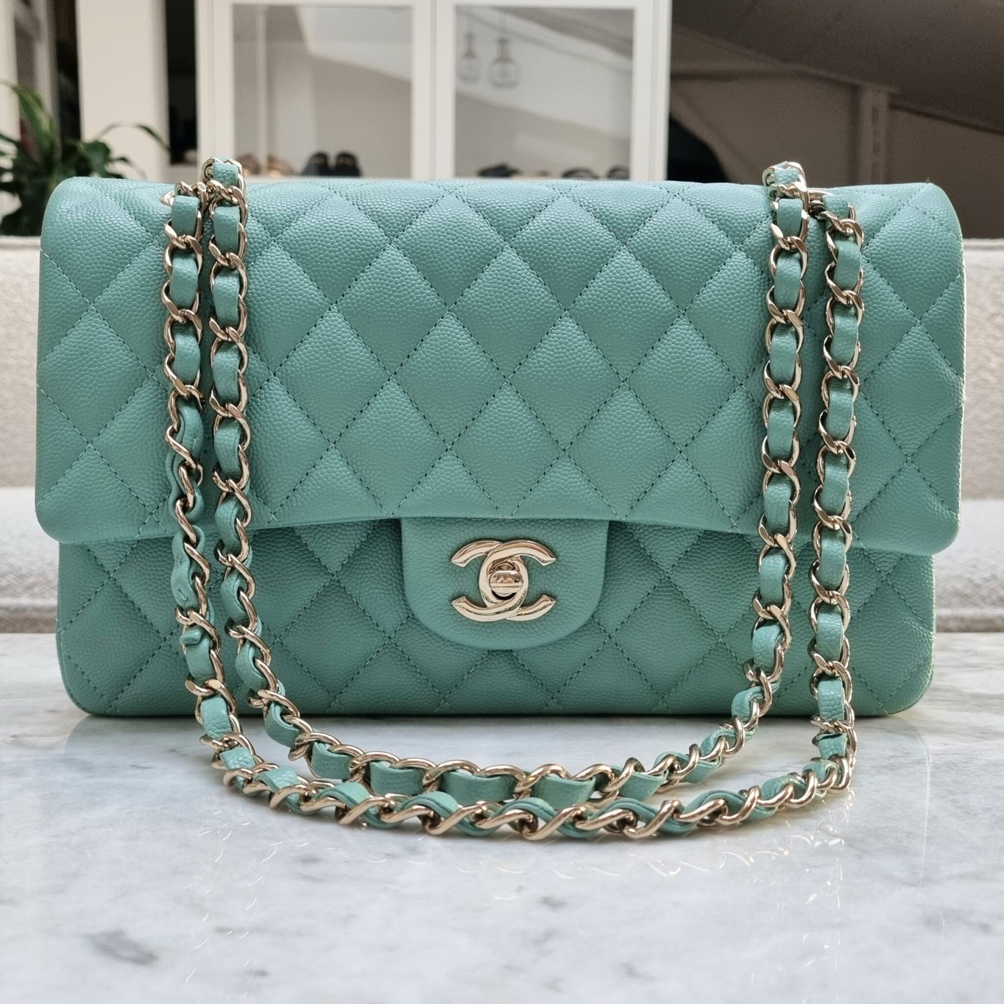 Chanel 21s Medium Classic Flap, Caviar, Aqua Green LGHW - Laulay Luxury