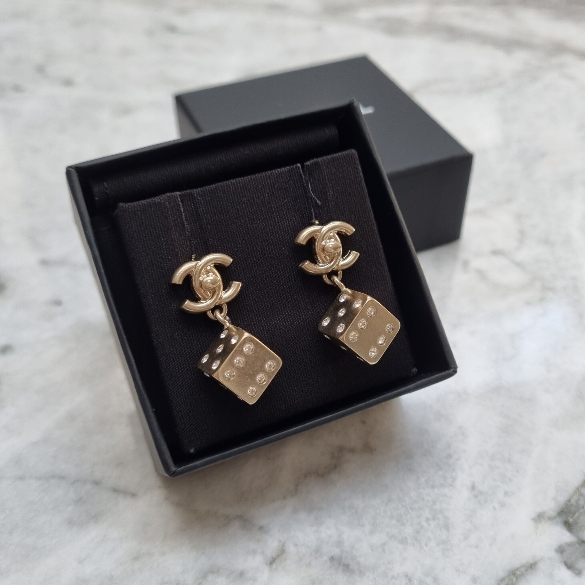 Chanel CC Dice Drop Earrings, Gold - Laulay Luxury