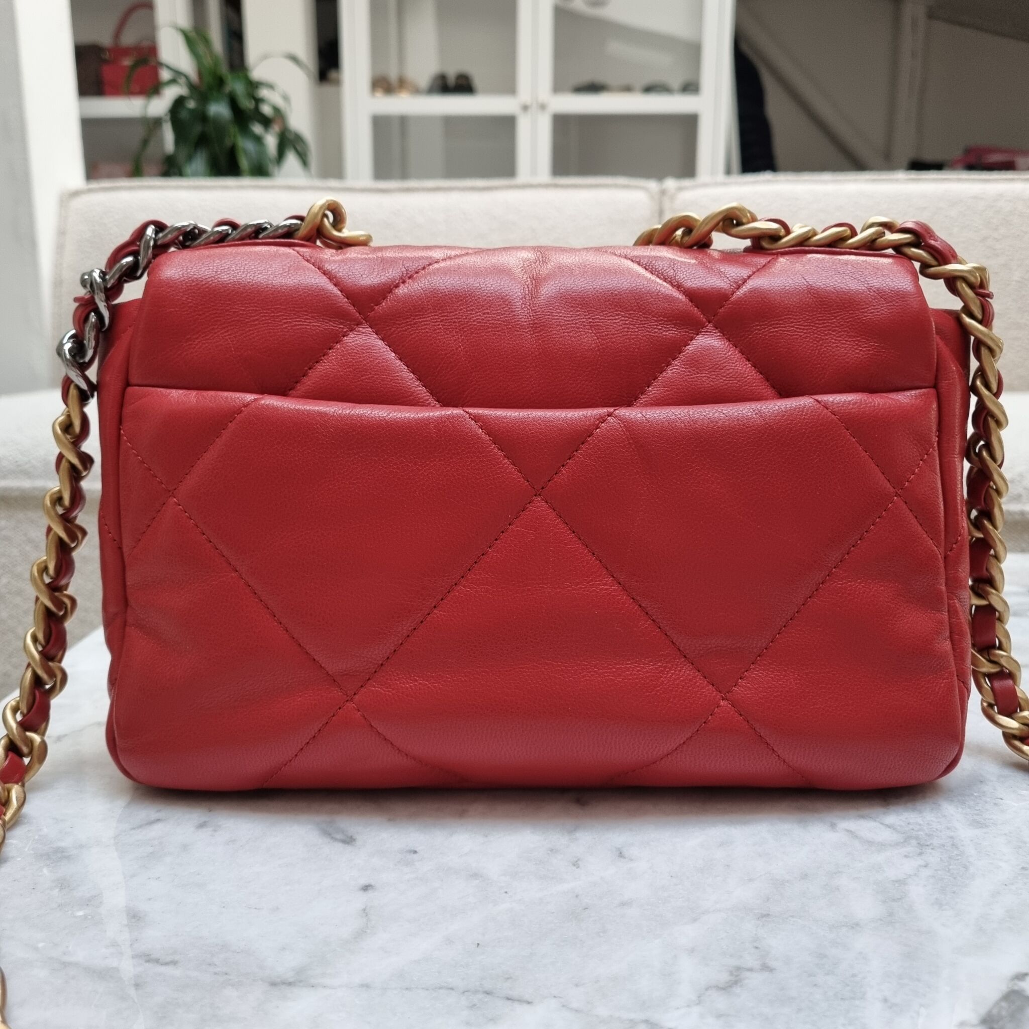 Chanel 19 Bag Small 20P Red Quilted Goatskin with silver