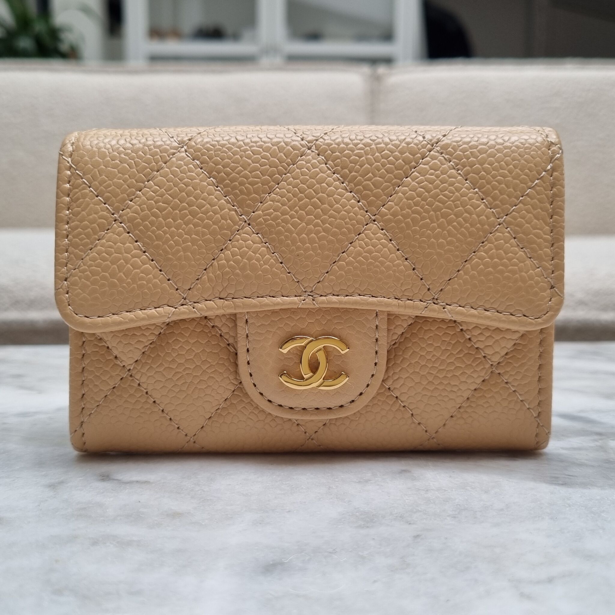 Chanel Flap Cardholder, Caviar, Beige GHW - Laulay Luxury
