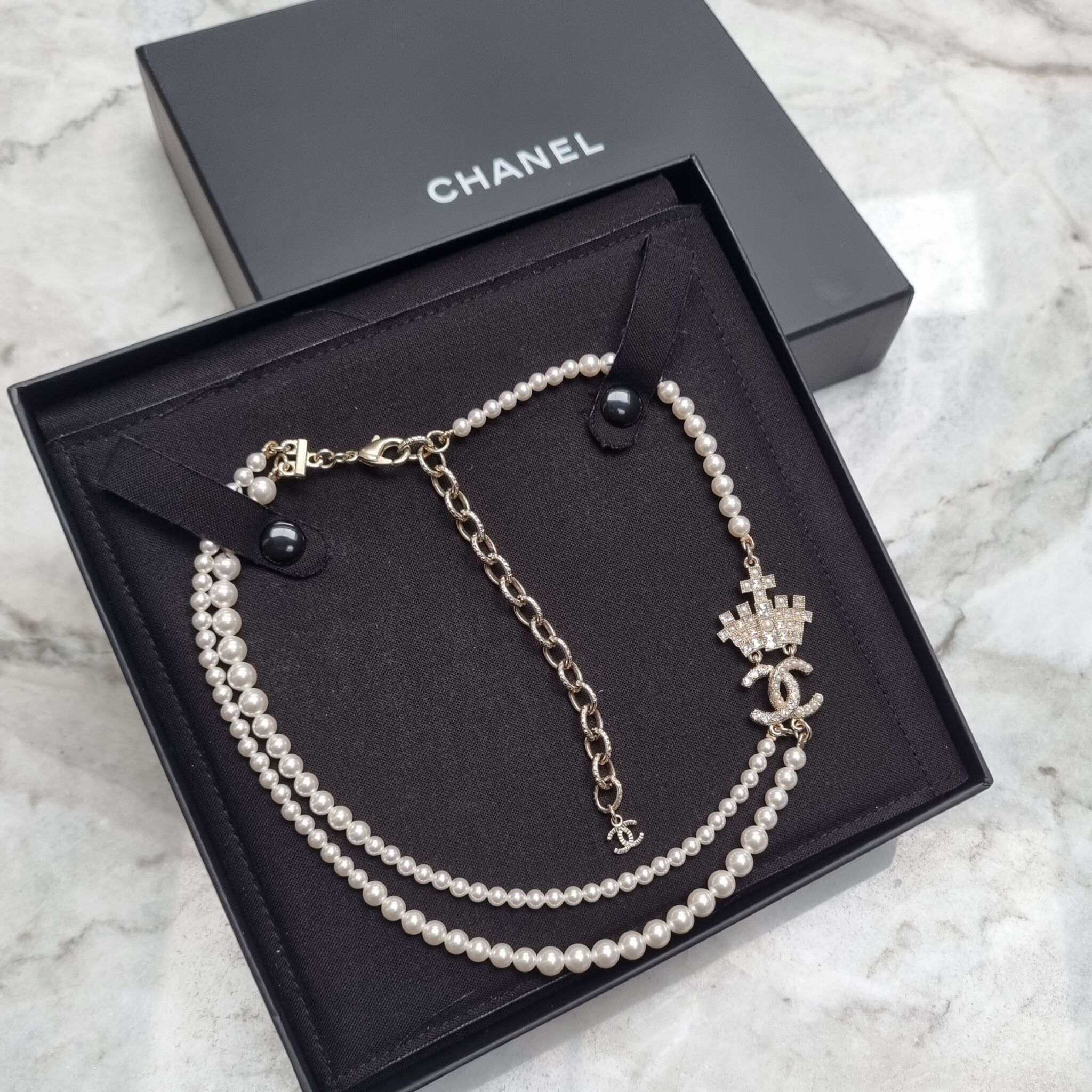 Chanel CC Crown Multi Strand Pearl Necklace, Gold - Laulay Luxury