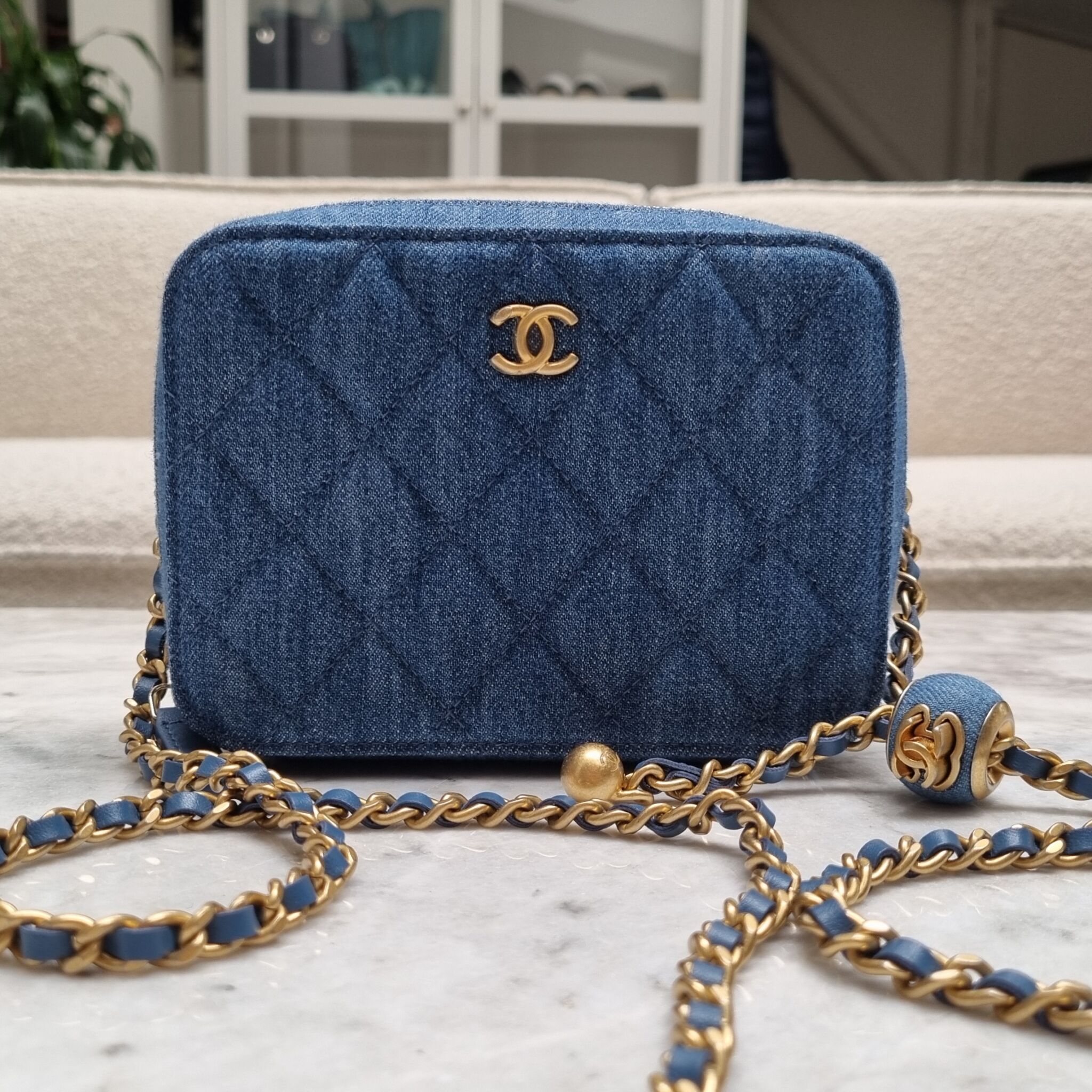 CHANEL Lambskin Quilted Pearl Crush Mini Vanity Case With Chain Blue 545547   FASHIONPHILE