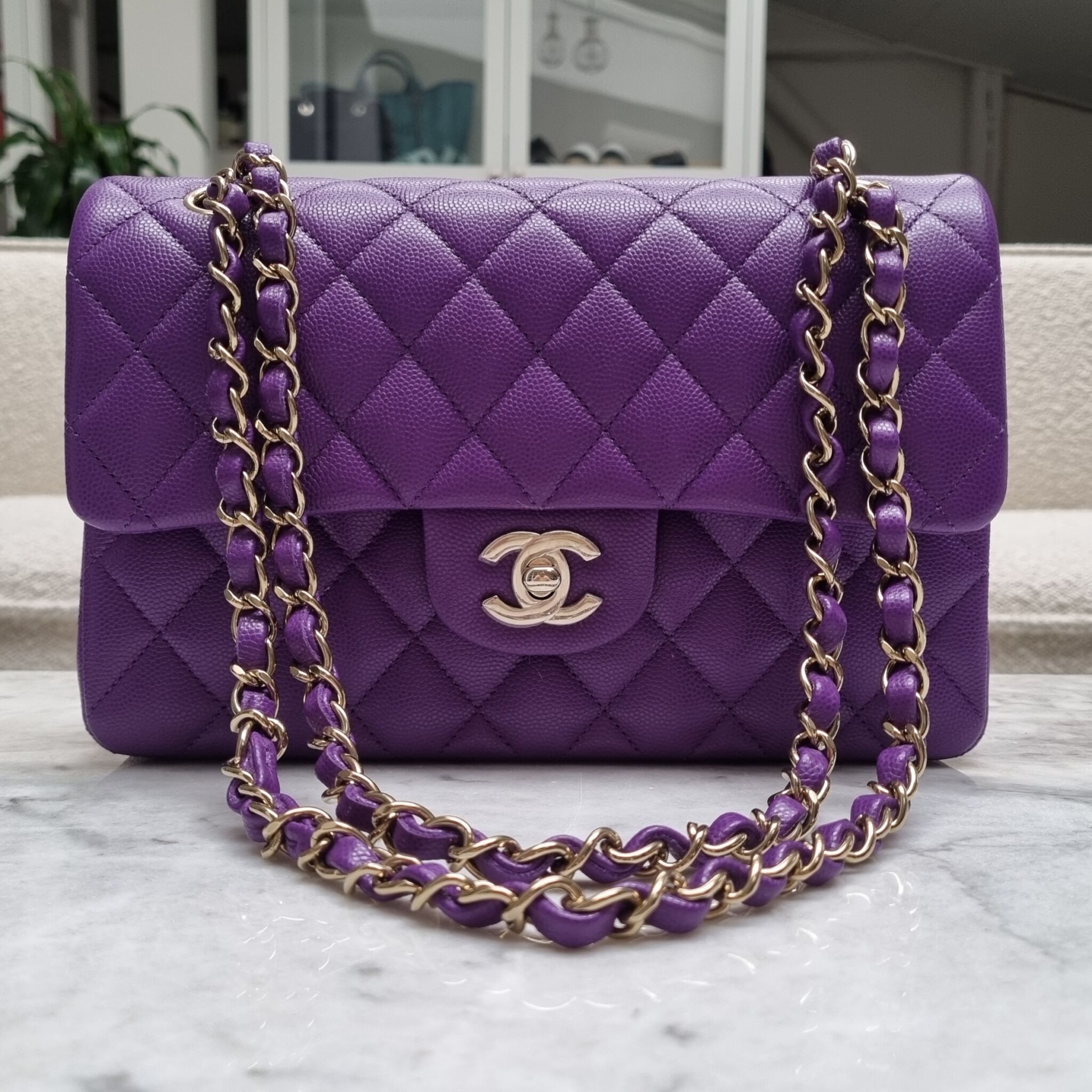 Chanel 22A Small Classic Flap, Caviar, Dark Purple GHW - Laulay Luxury