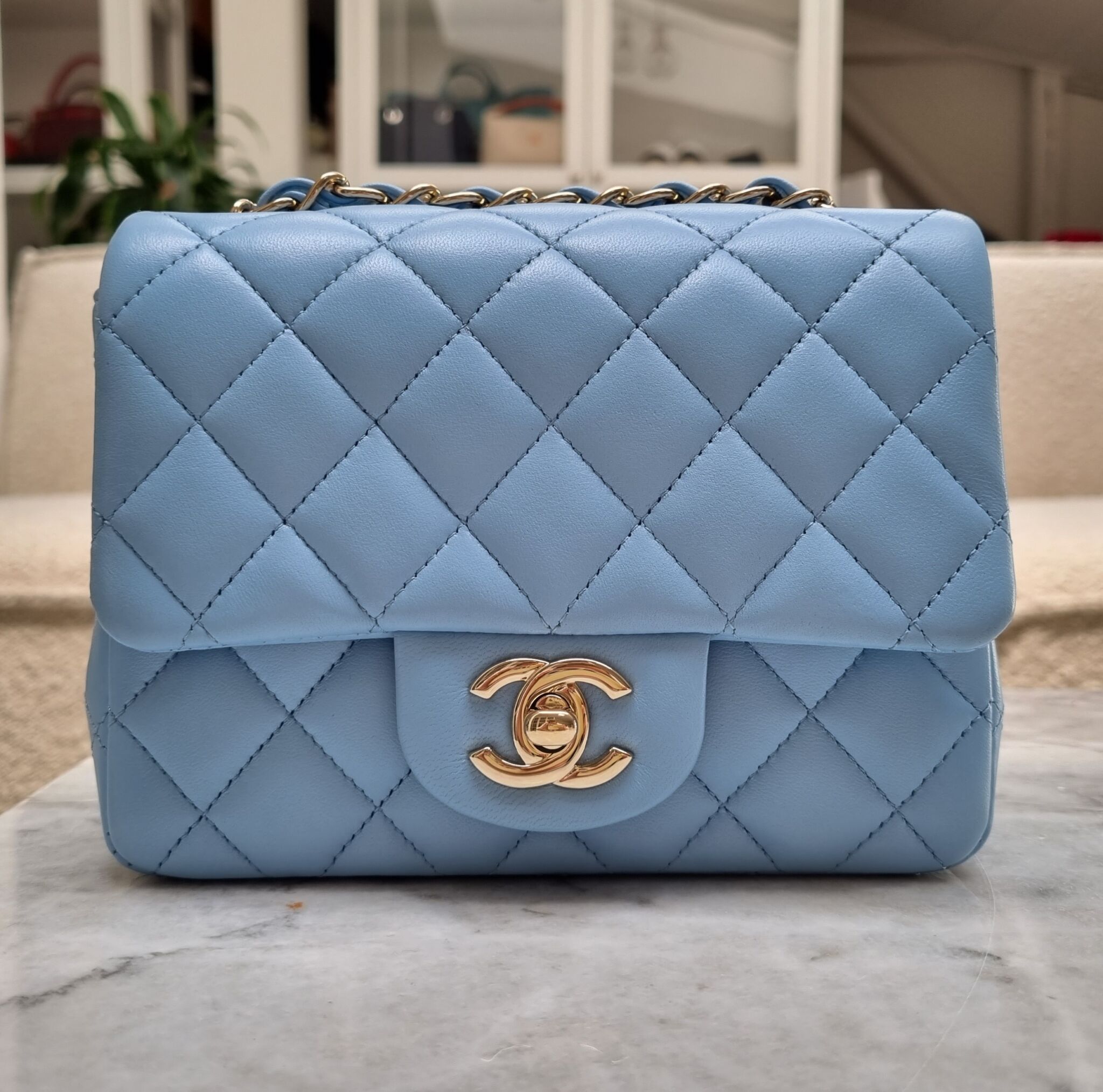 Chanel Mini Lammeskind, Blue - Laulay Luxury