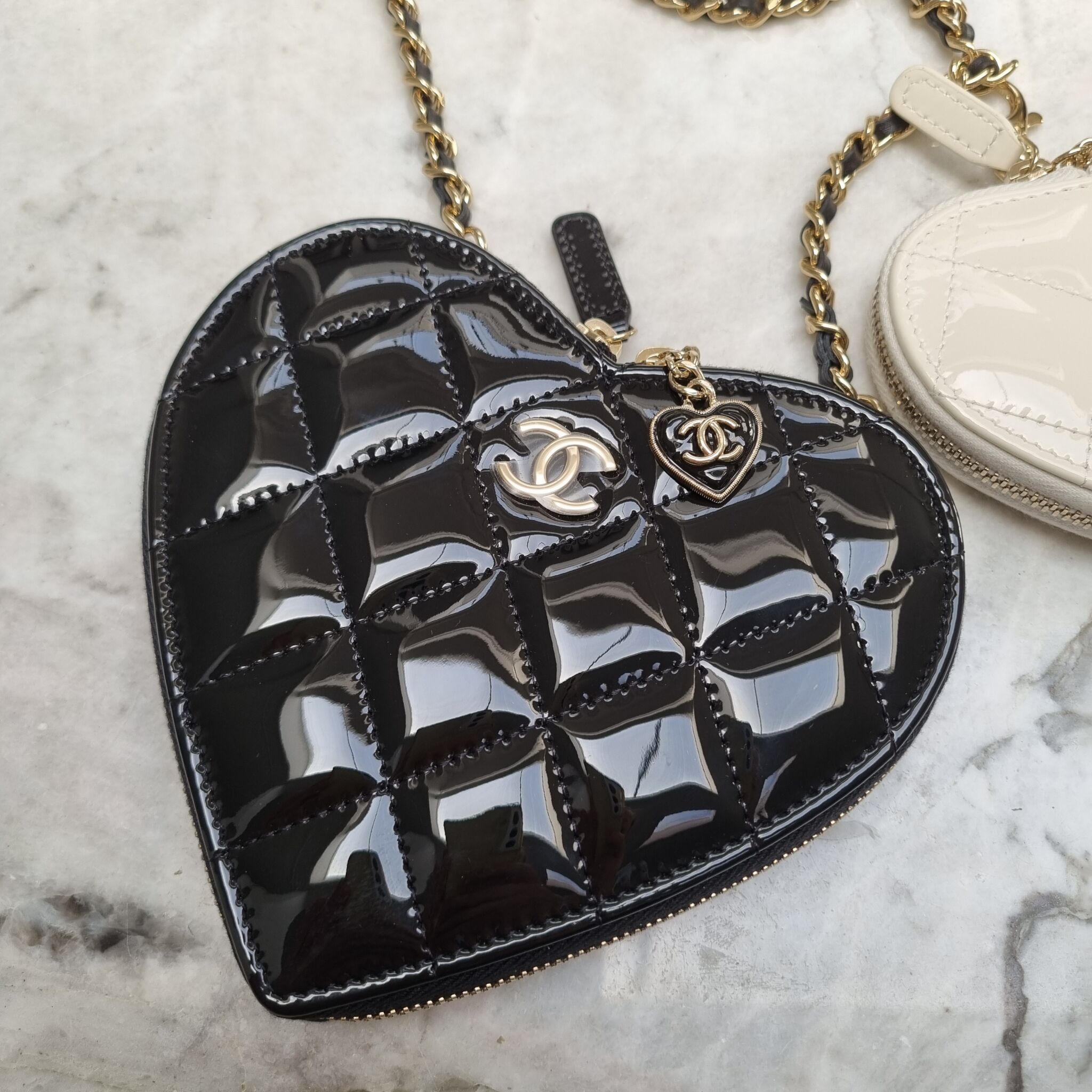Chanel Black, White 2023 Quilted CC Heart Clutch w/ Chain