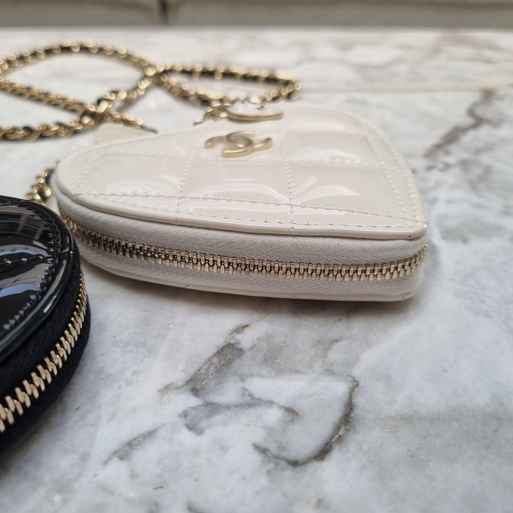 Chanel Heart Clutch With Chain, Patent leather, Black/White GHW
