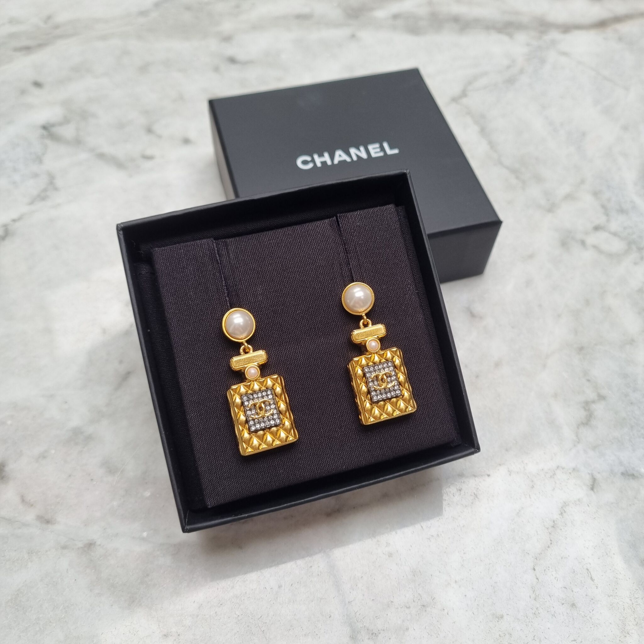 Chanel Perfume Bottle Earrings, Gold - Laulay Luxury