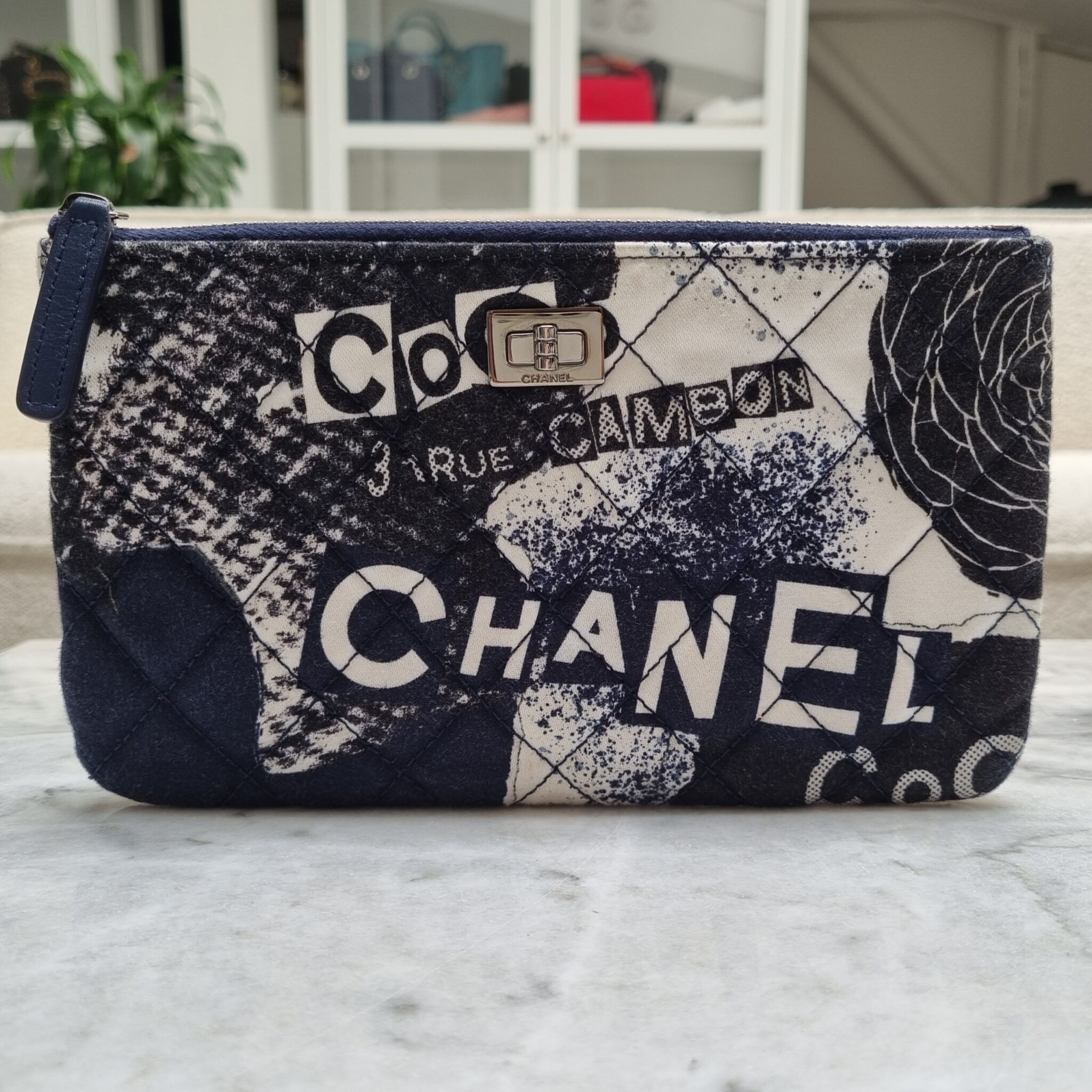 Chanel 2.55 Small Coco Print Pouch, Fabric, Black/White - Laulay Luxury