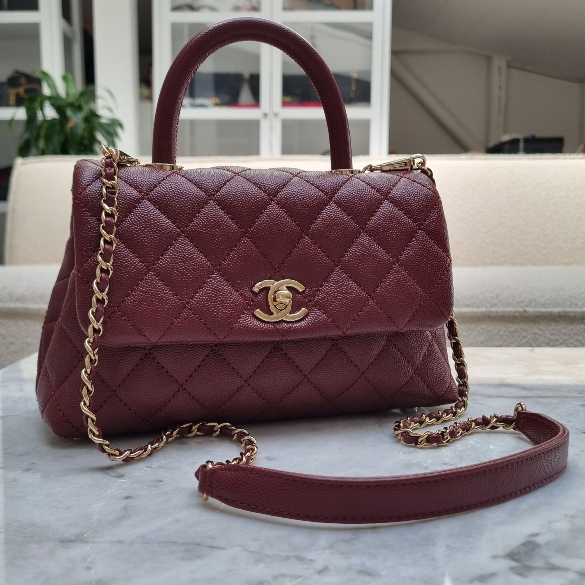CHANEL Caviar Quilted Extra Mini Coco Handle Flap Burgundy, FASHIONPHILE