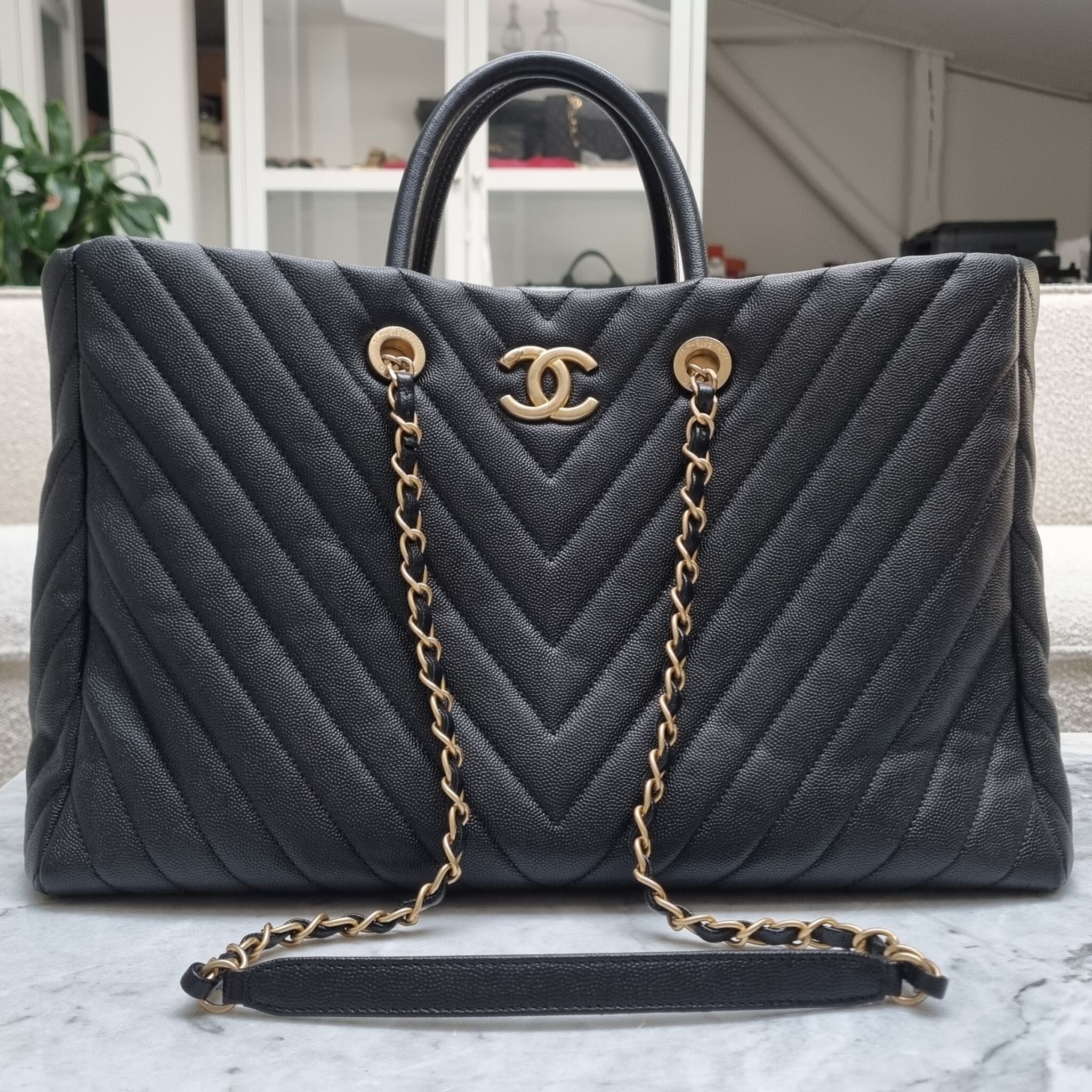 CHANEL Quilted Leather Large Gabrielle Shopping Tote Black Blue