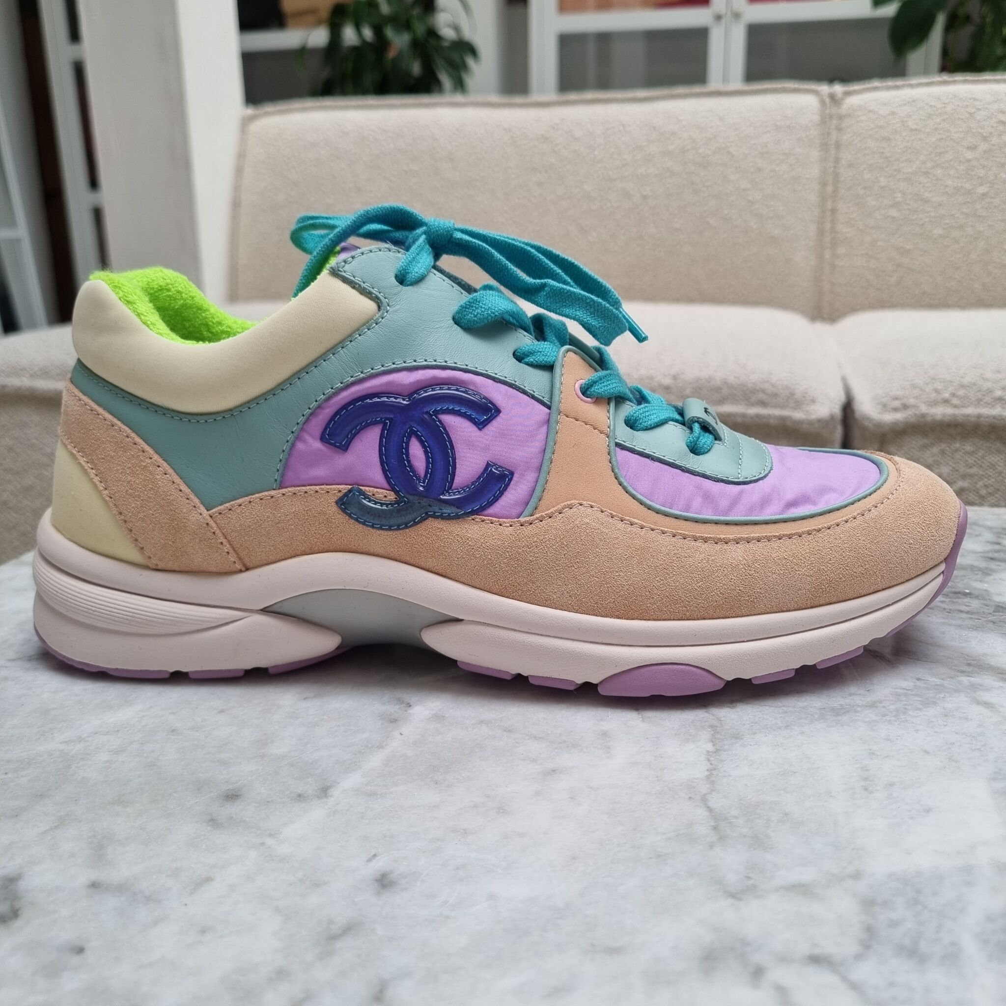 CHANEL Multicolor Leather and Fabric Interlocking CC Logo Sneakers Size 37