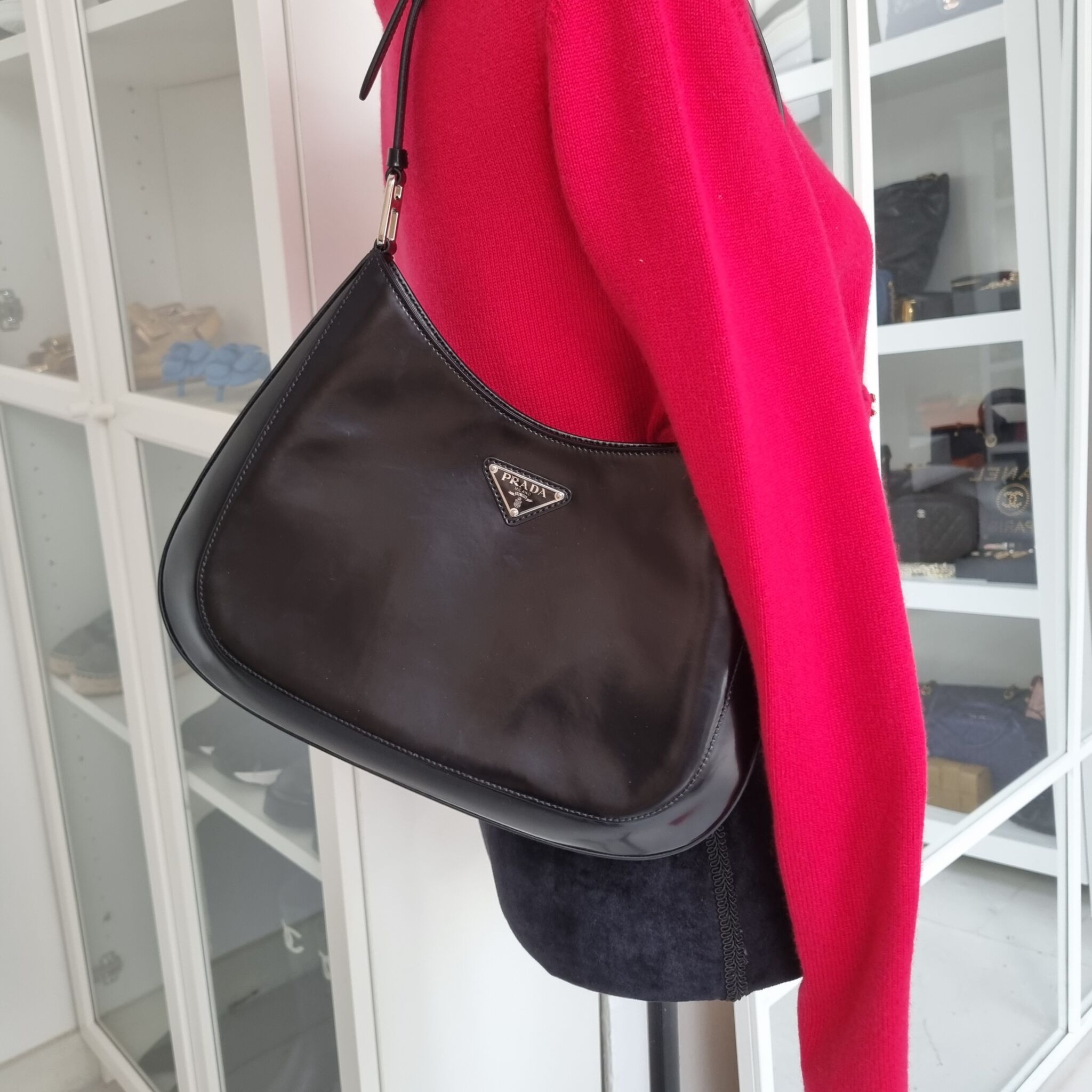Prada Large Cleo Shoulder Bag, Brushed Leather, Black SHW - Laulay
