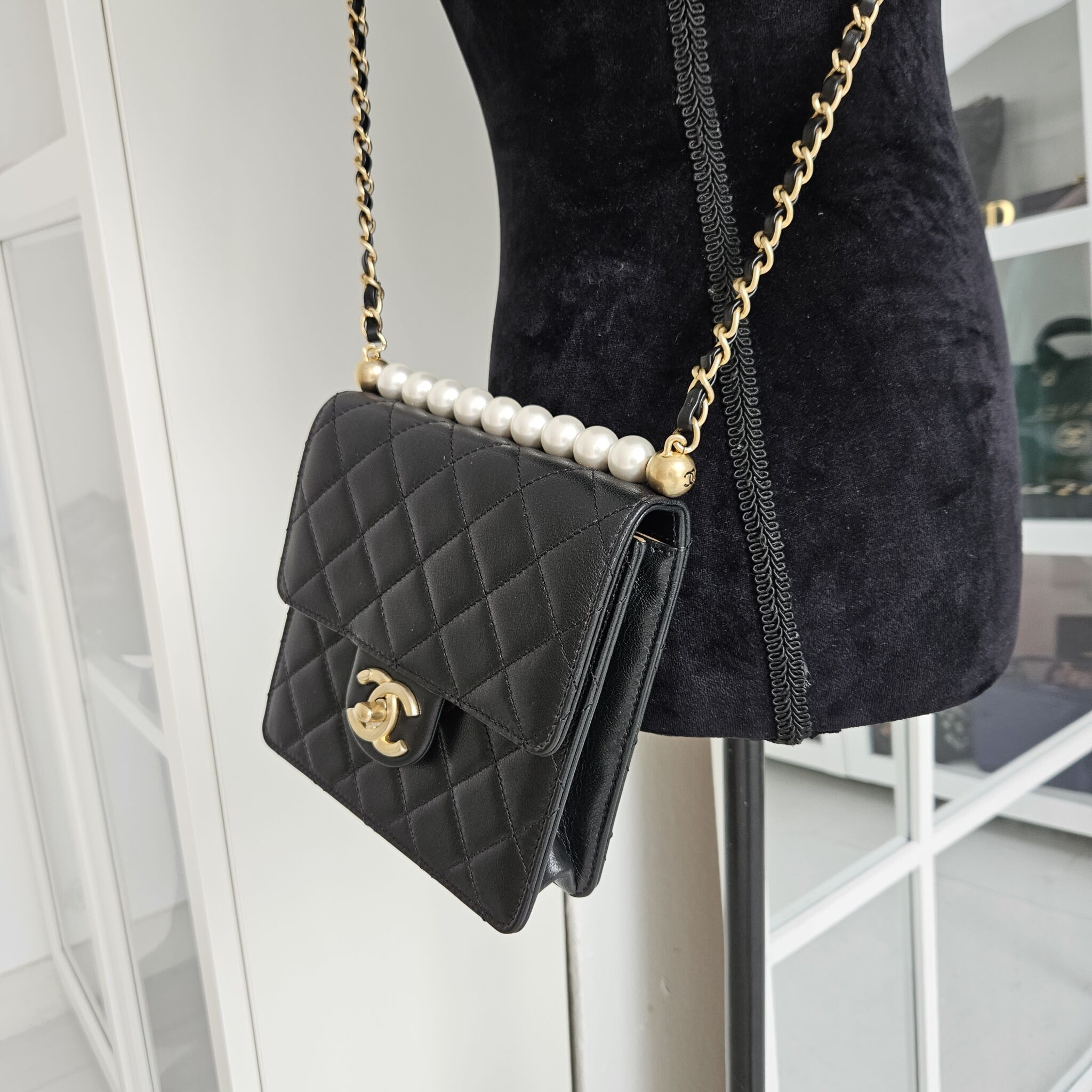 Chanel Logo Pearl Chain Mini Flap Bag GHW