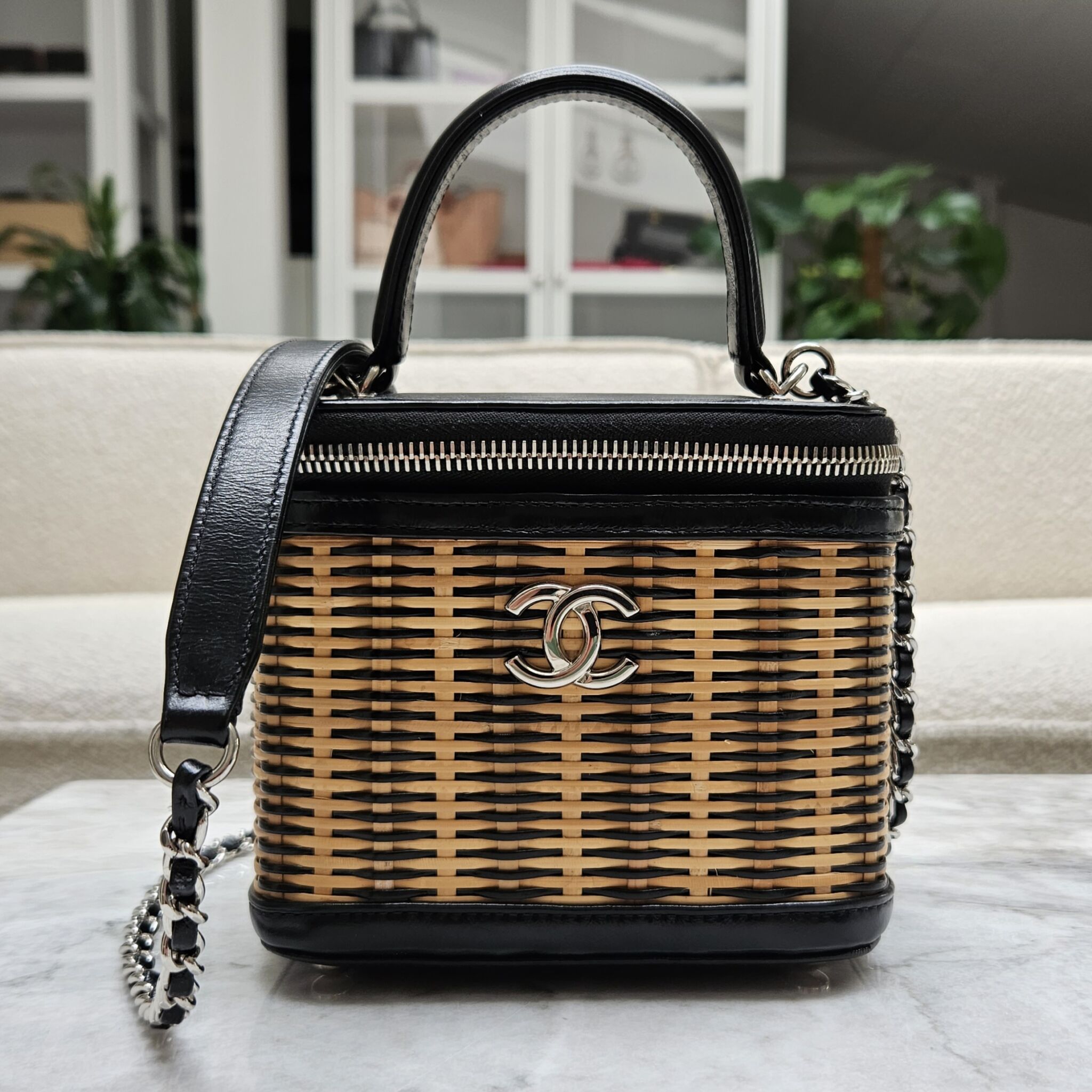 Chanel Mini Vanity Bag with Top handle, Raffia/Black SHW - Laulay Luxury