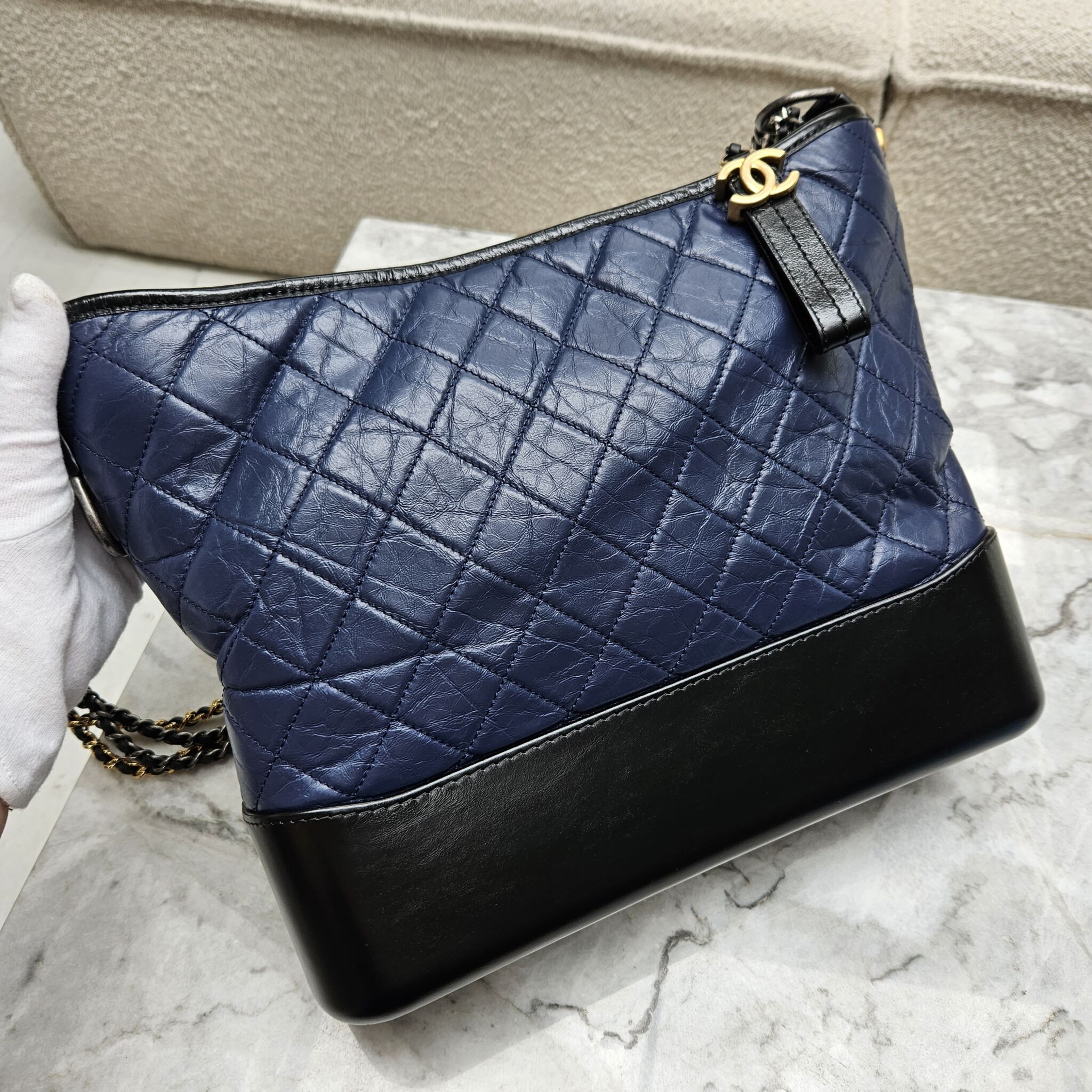 Chanel Large Gabrielle Hobo, Distressed leather, Blue/Black - Laulay Luxury