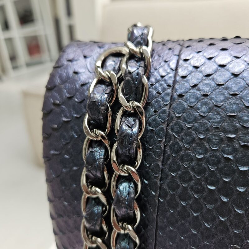 Chanel 15C Jumbo Double Flap, Python, Metalic Blue - Laulay Luxury