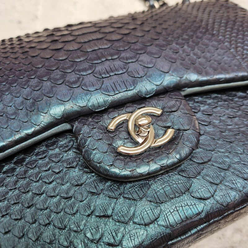 Chanel Jumbo Classic Fur and Python Leather Flap Bag Green