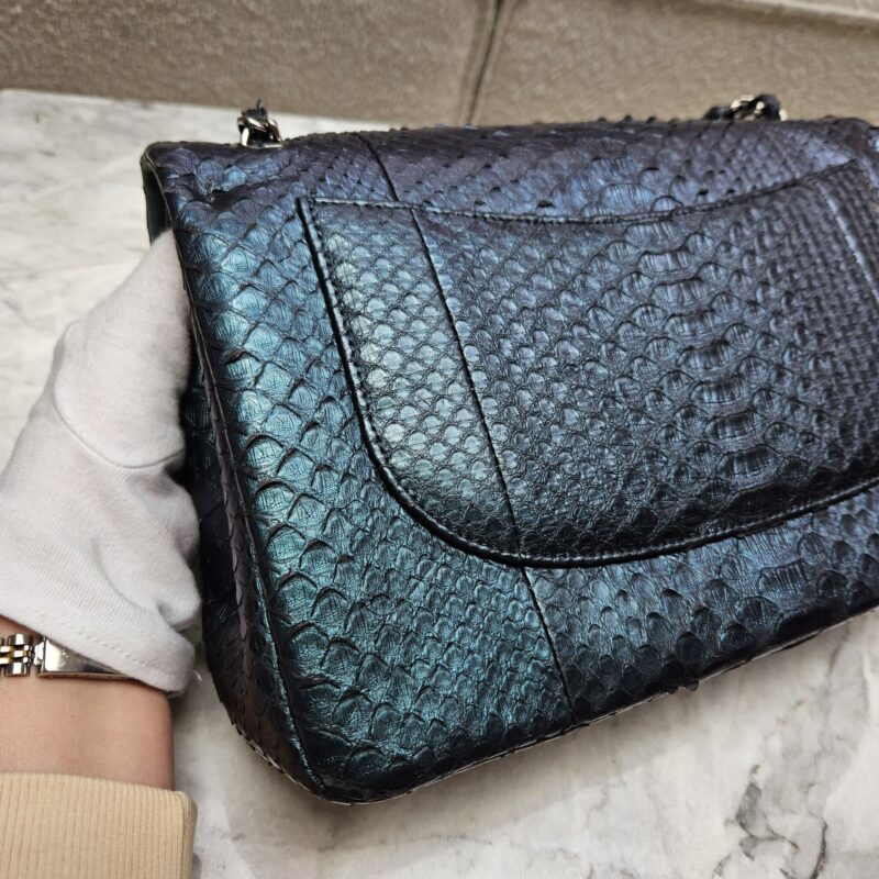 Chanel Jumbo Classic Fur and Python Leather Flap Bag Green