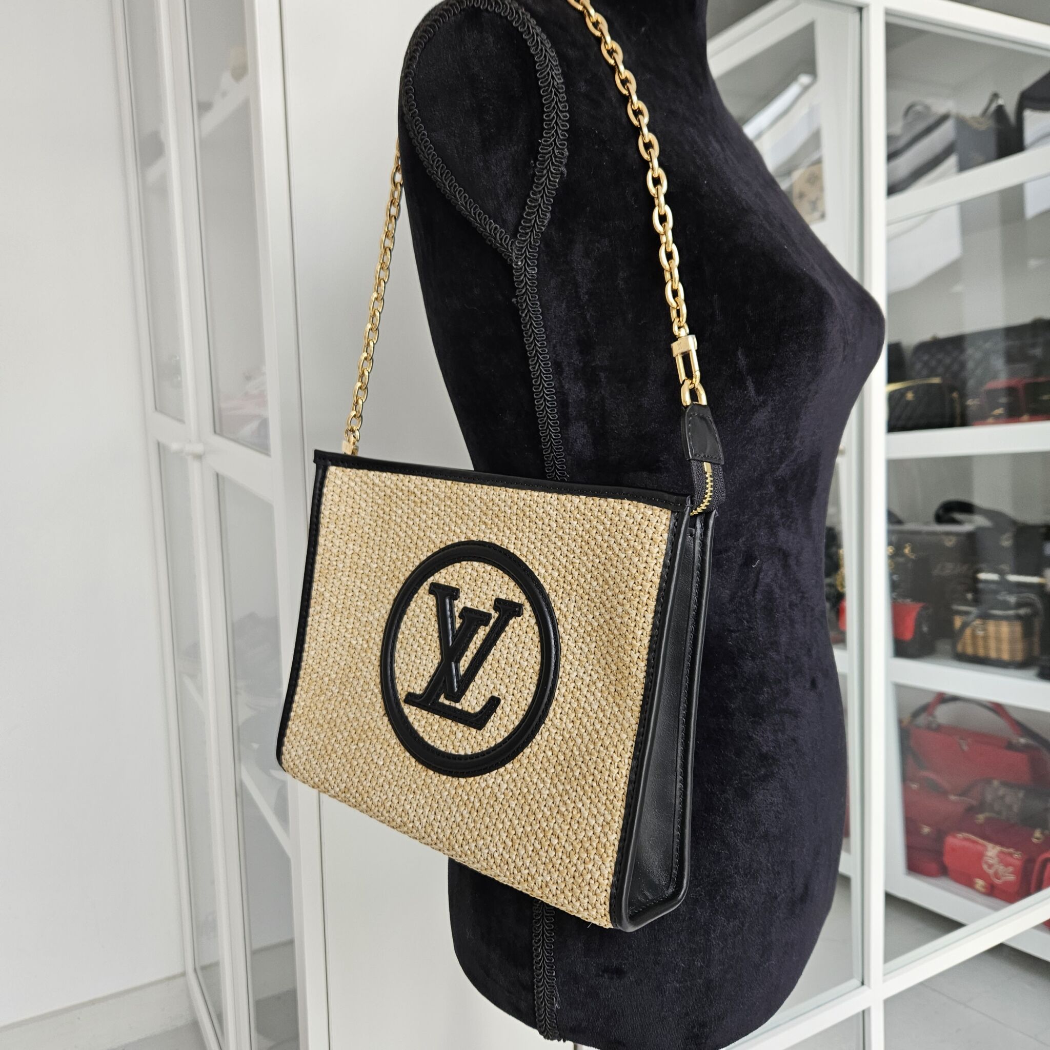 Louis Vuitton Raffia Toiletry Pouch on Chain 26 Black w/Gold Chain.