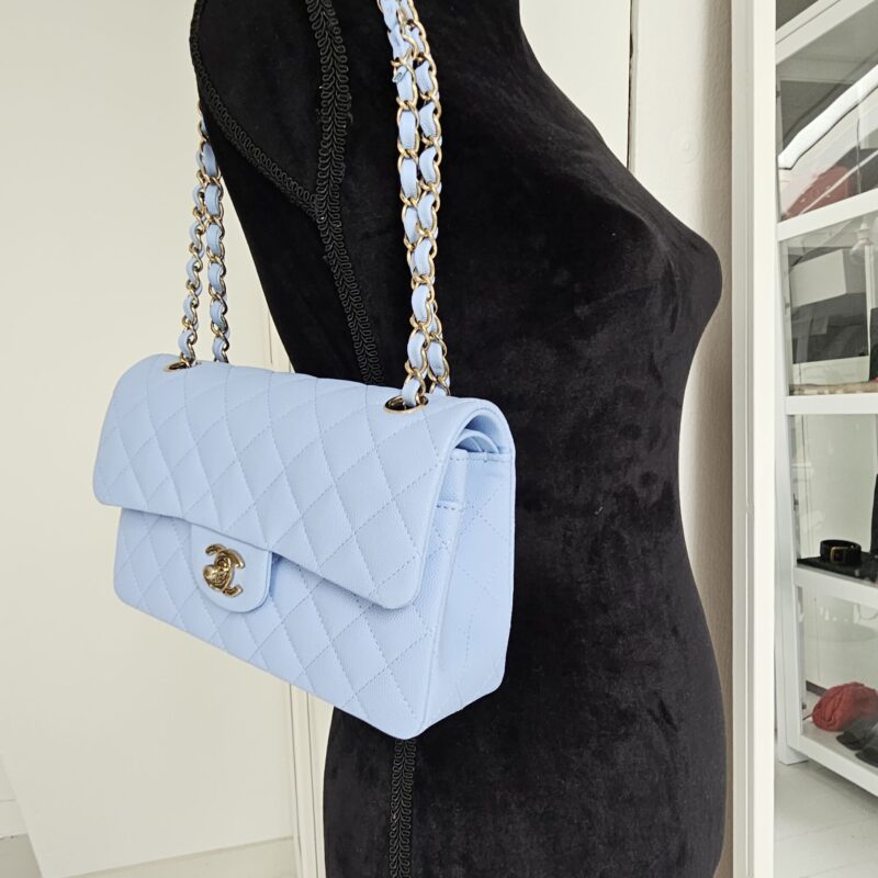 Chanel 23P Small Classic Flap, Caviar, Baby Blue LGHW - Laulay Luxury