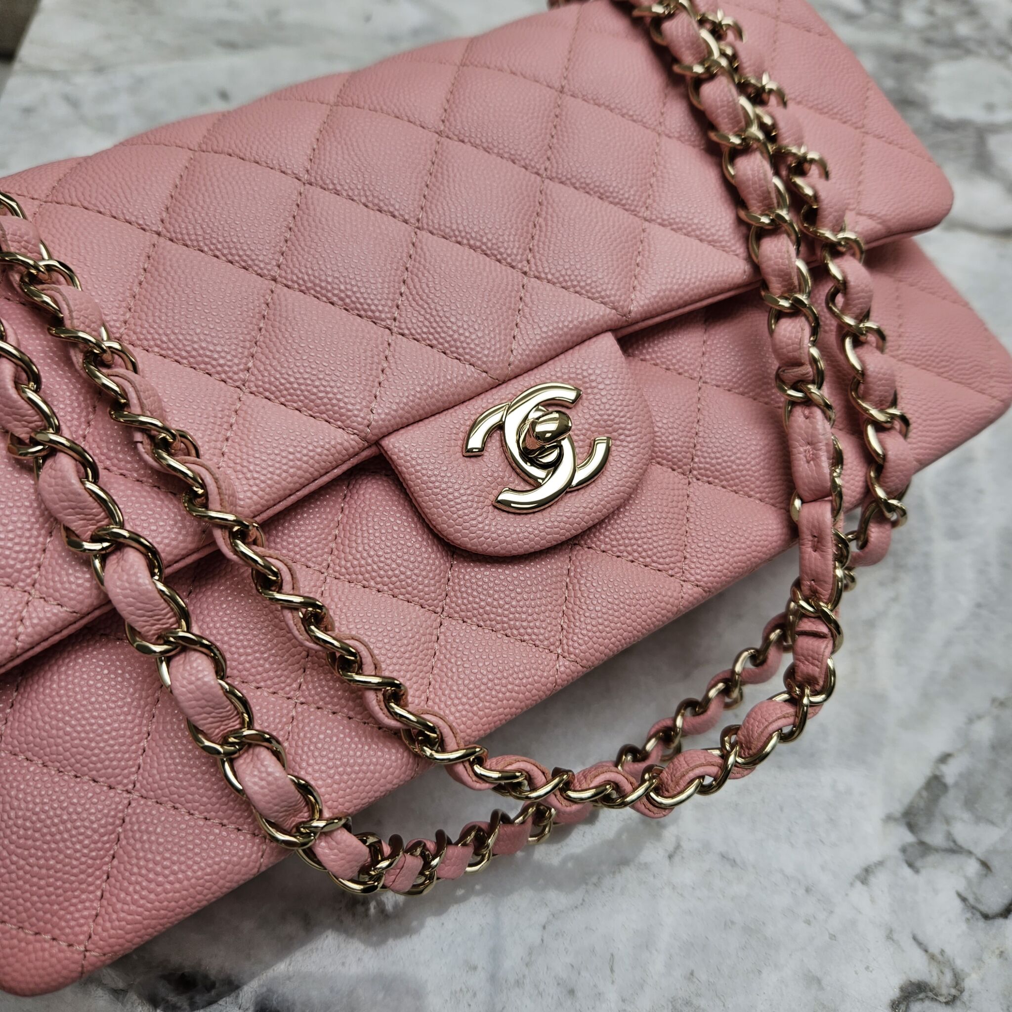 Chanel 19S Small Classic, Chevron Caviar, Pink GHW - Laulay Luxury