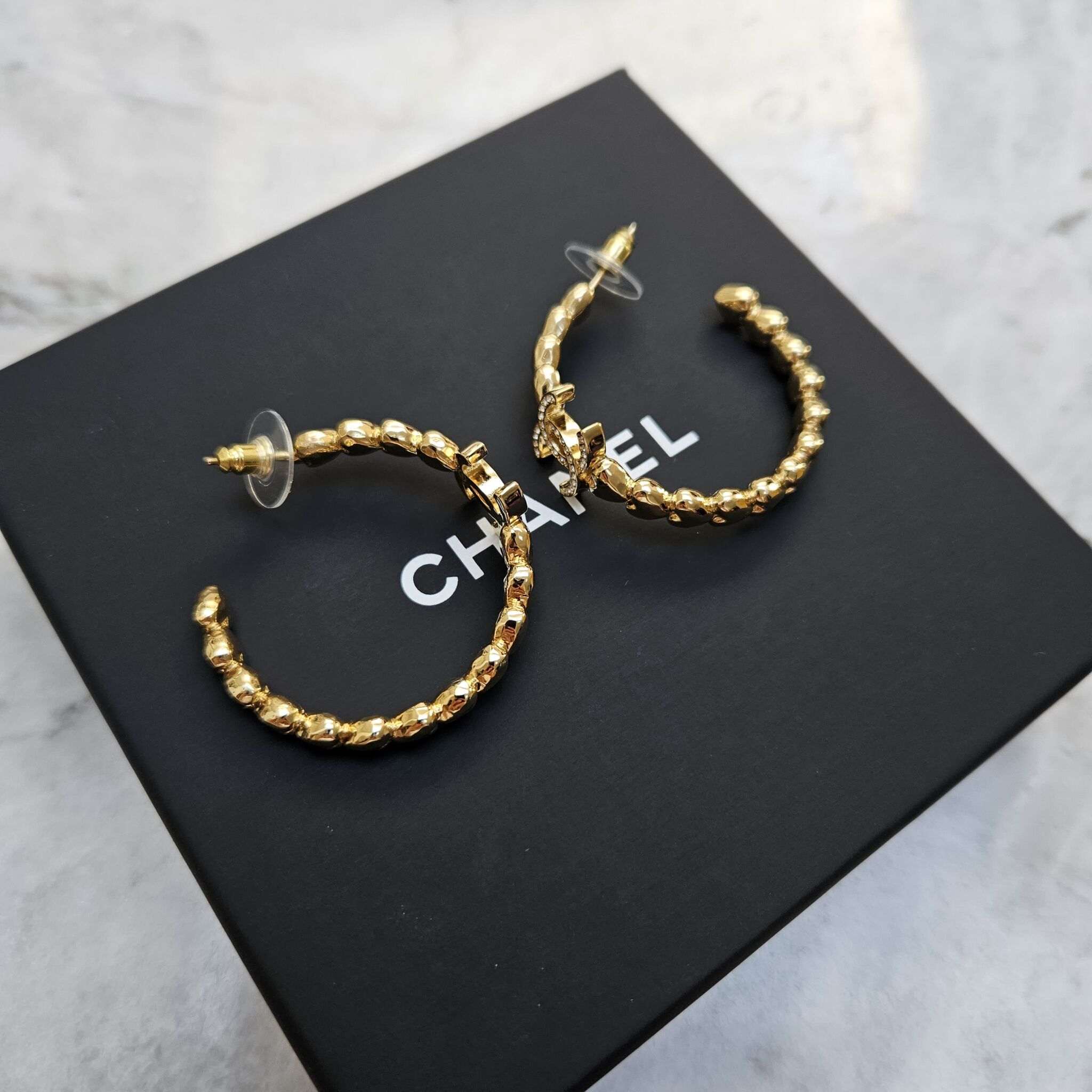 Chanel Heart Beaded Crystal CC Hoops, Gold - Laulay Luxury