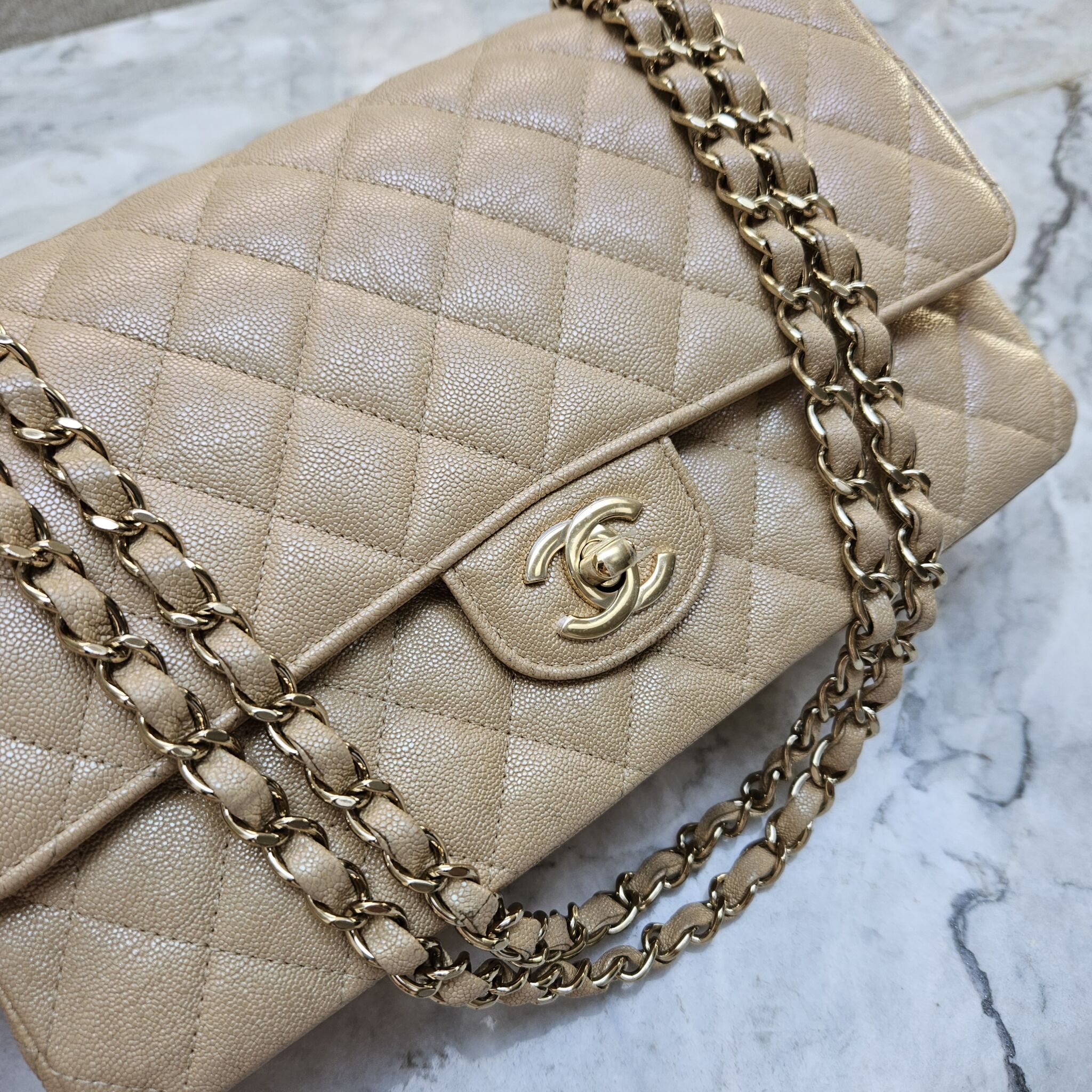 CHANEL Iridescent Caviar Quilted Jumbo Double Flap Beige 885547