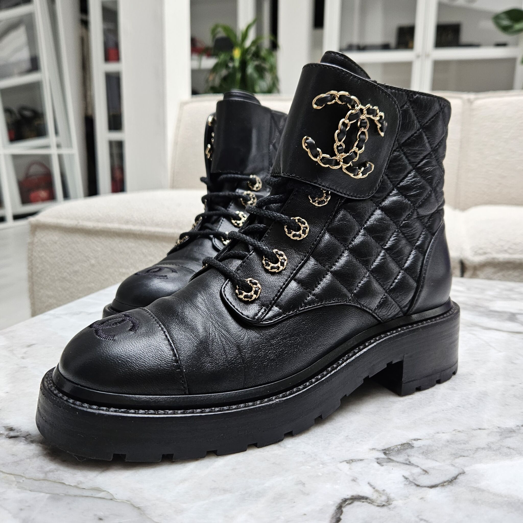 CHANEL Calfskin Lace Up Combat Boots (Black)
