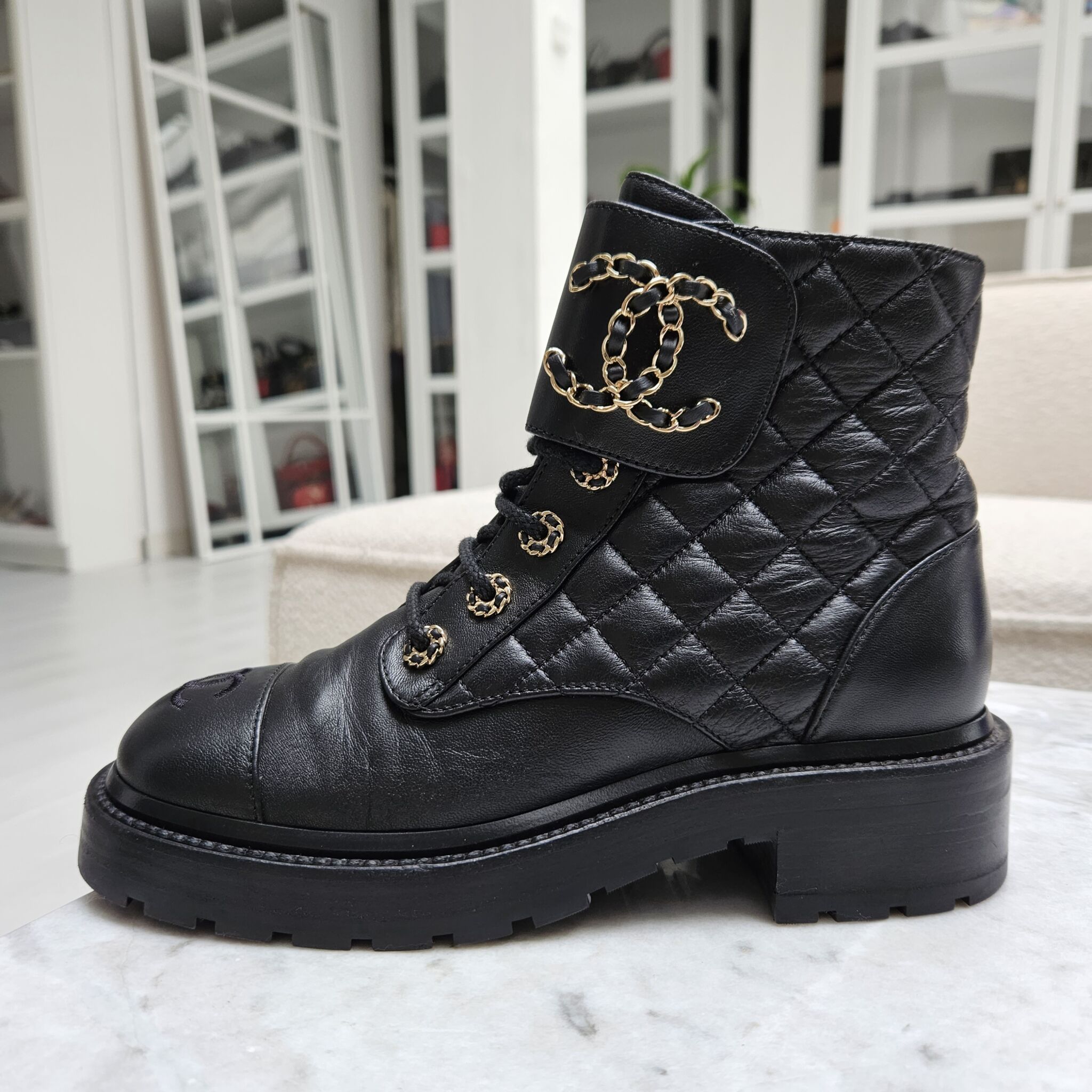 Chanel Combat Boots, Calfskin, Black GHW, 36.5 - Laulay Luxury