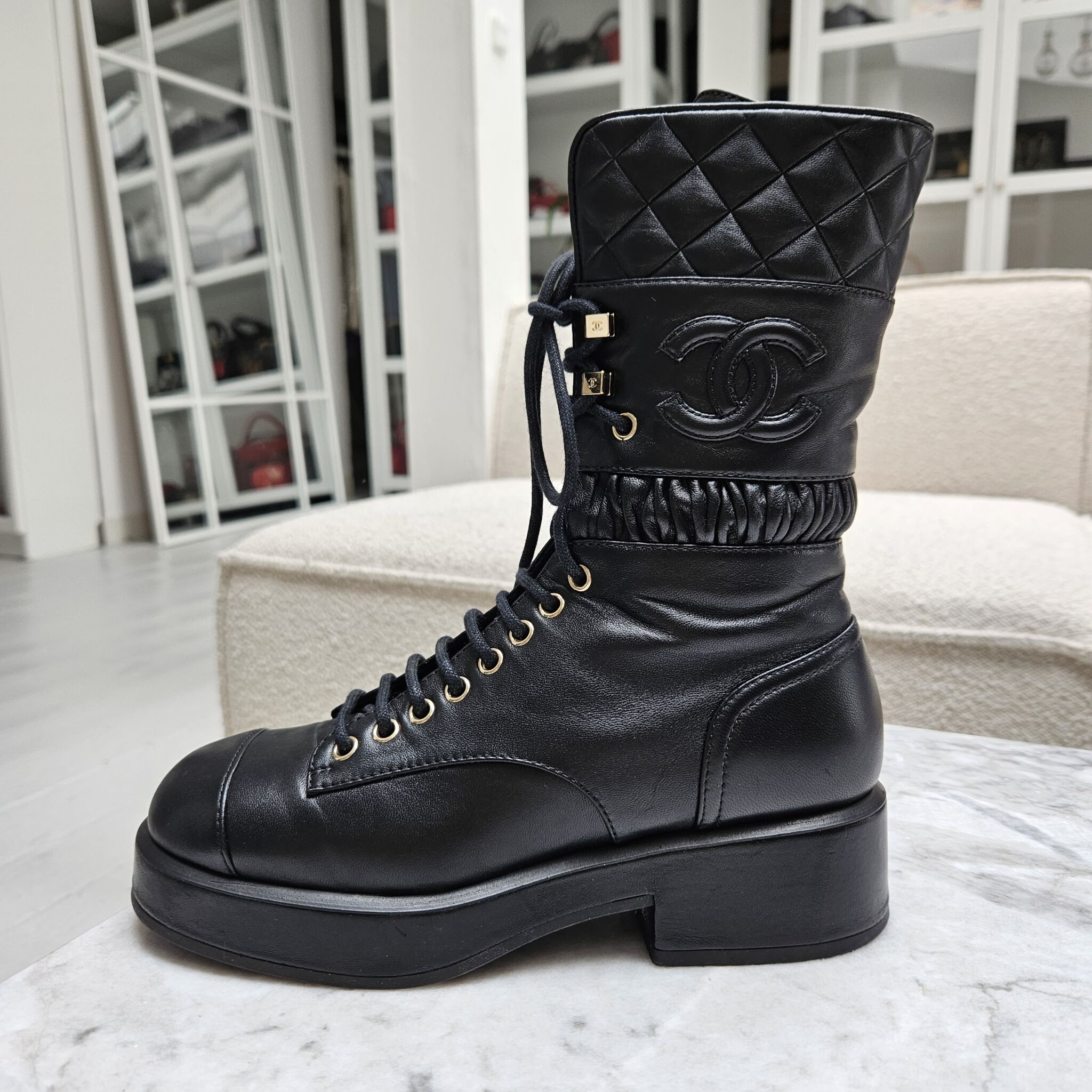 Chanel Boots, Black/White, 37.5 - Laulay Luxury