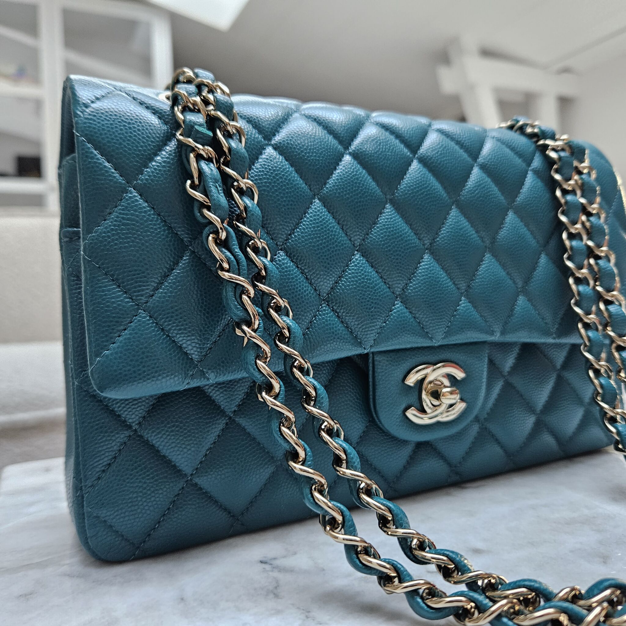 Chanel Medium Classic Flap, Caviar, Petrol Green - Laulay Luxury