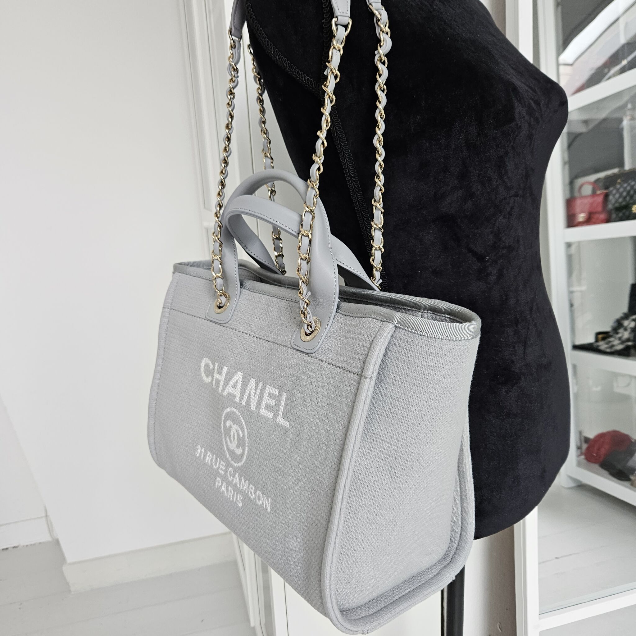 Chanel Small Deauville, Canvas, Light Grey LGHW - Laulay Luxury