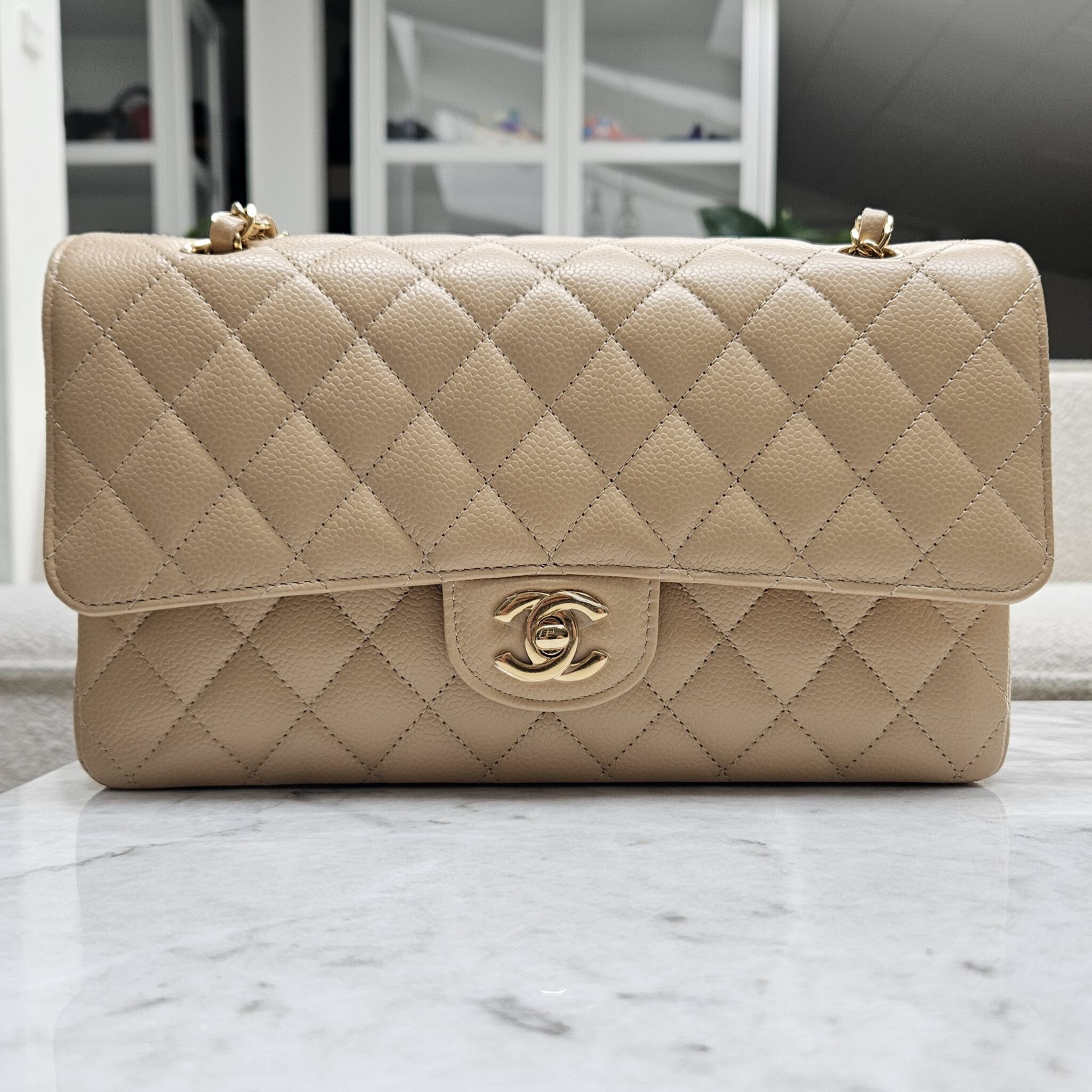 Chanel Medium Classic Flap, Caviar, Beige Clair GHW - Laulay Luxury
