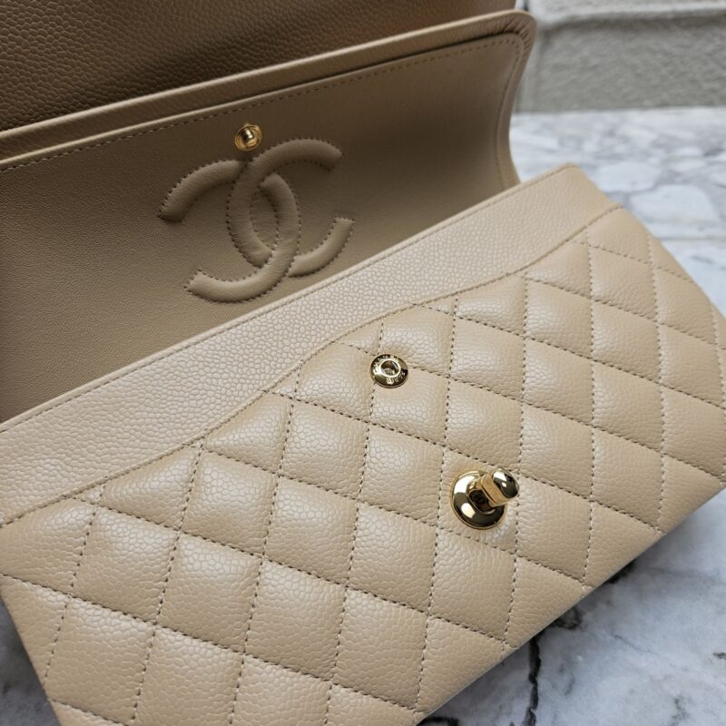 Chanel Beige Clair Caviar Medium Classic Double Flap Bag GHW