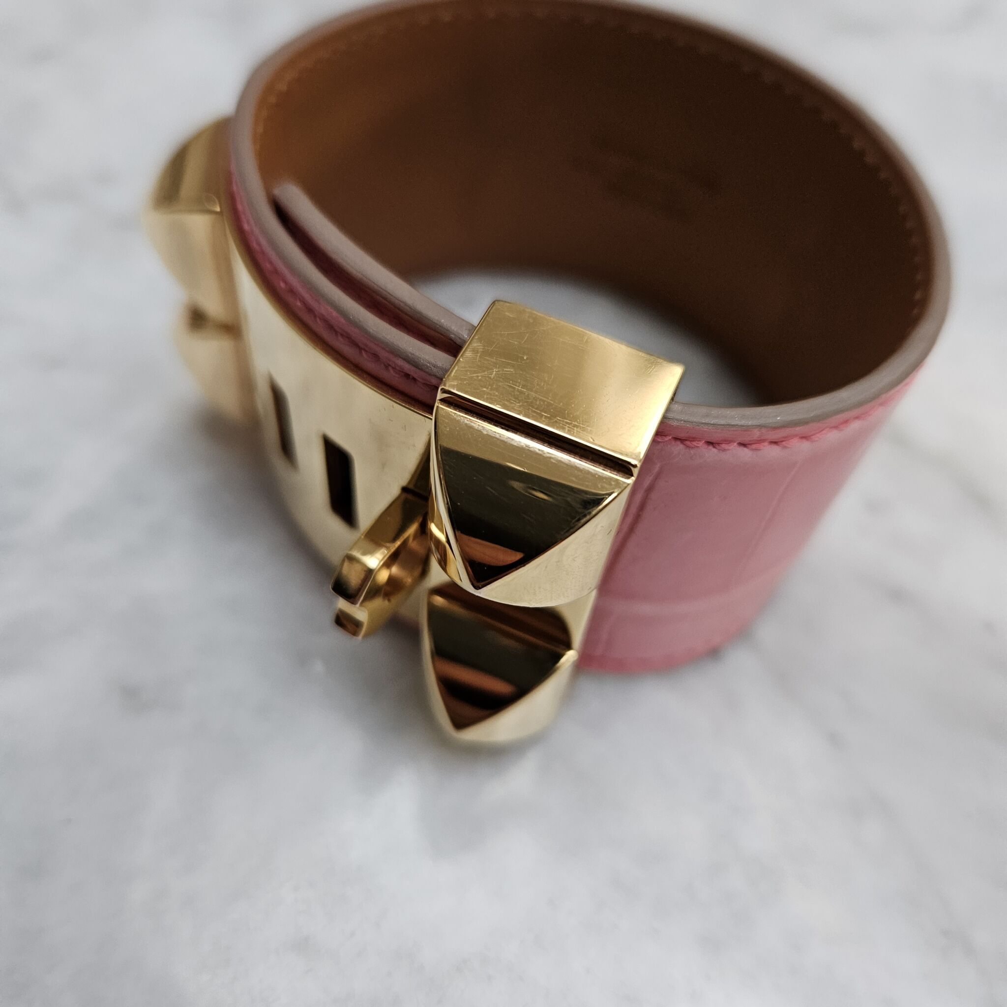 Hermès Collier De Chien, Matte Croc, Rose Bubblegum GHW - Laulay