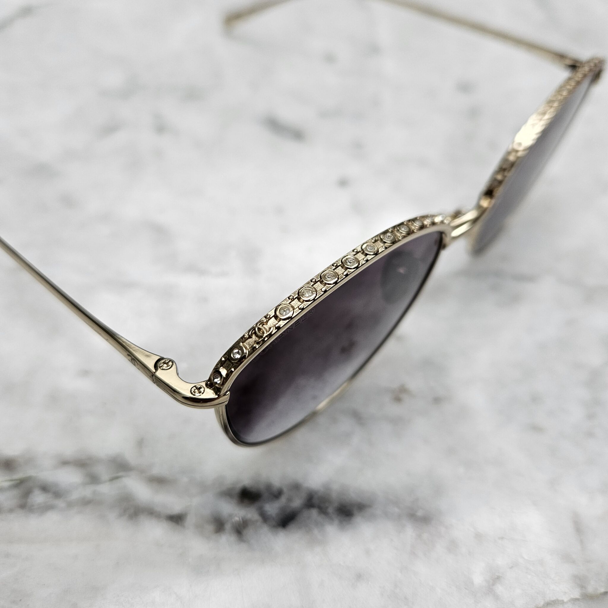 Chanel Crystal Edge sunglasses, Gold/Blue - Laulay Luxury