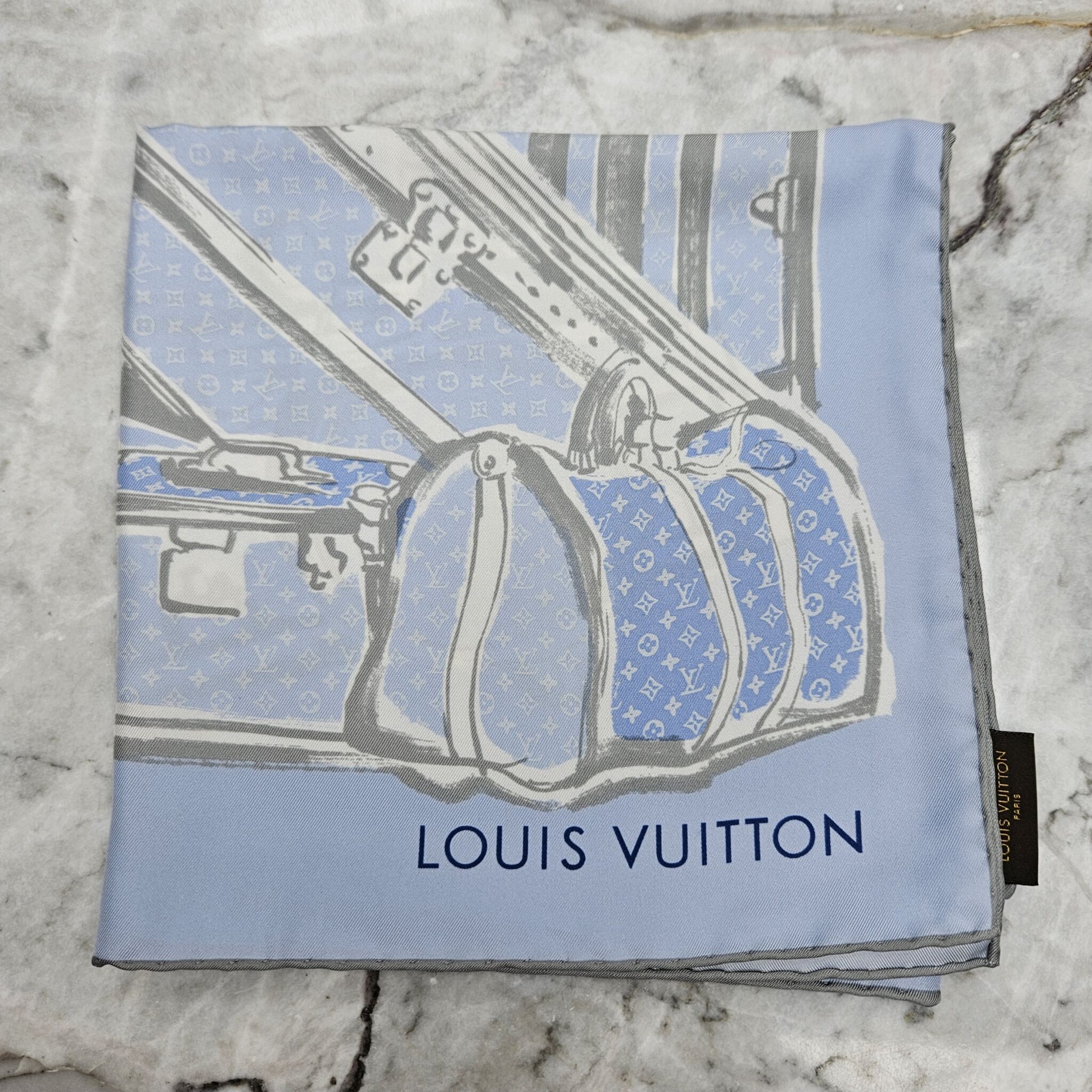 Louis Vuitton 90 x 90 cm Trunks Silk scarf, Silk, Light Blue - Laulay Luxury